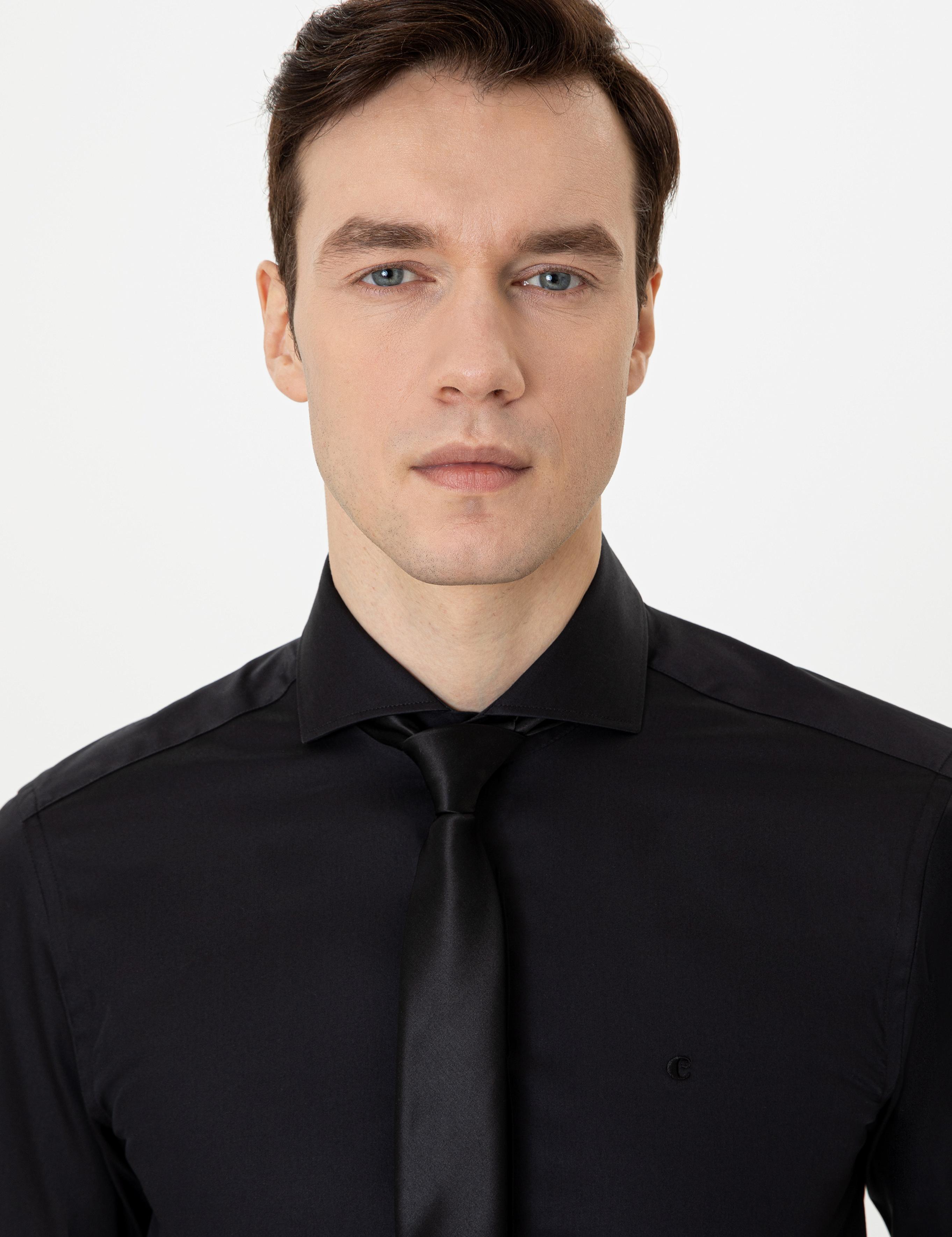 Siyah Slim Fit %100 Pamuk İtalyan Yaka Klasik Gömlek - 50250845072