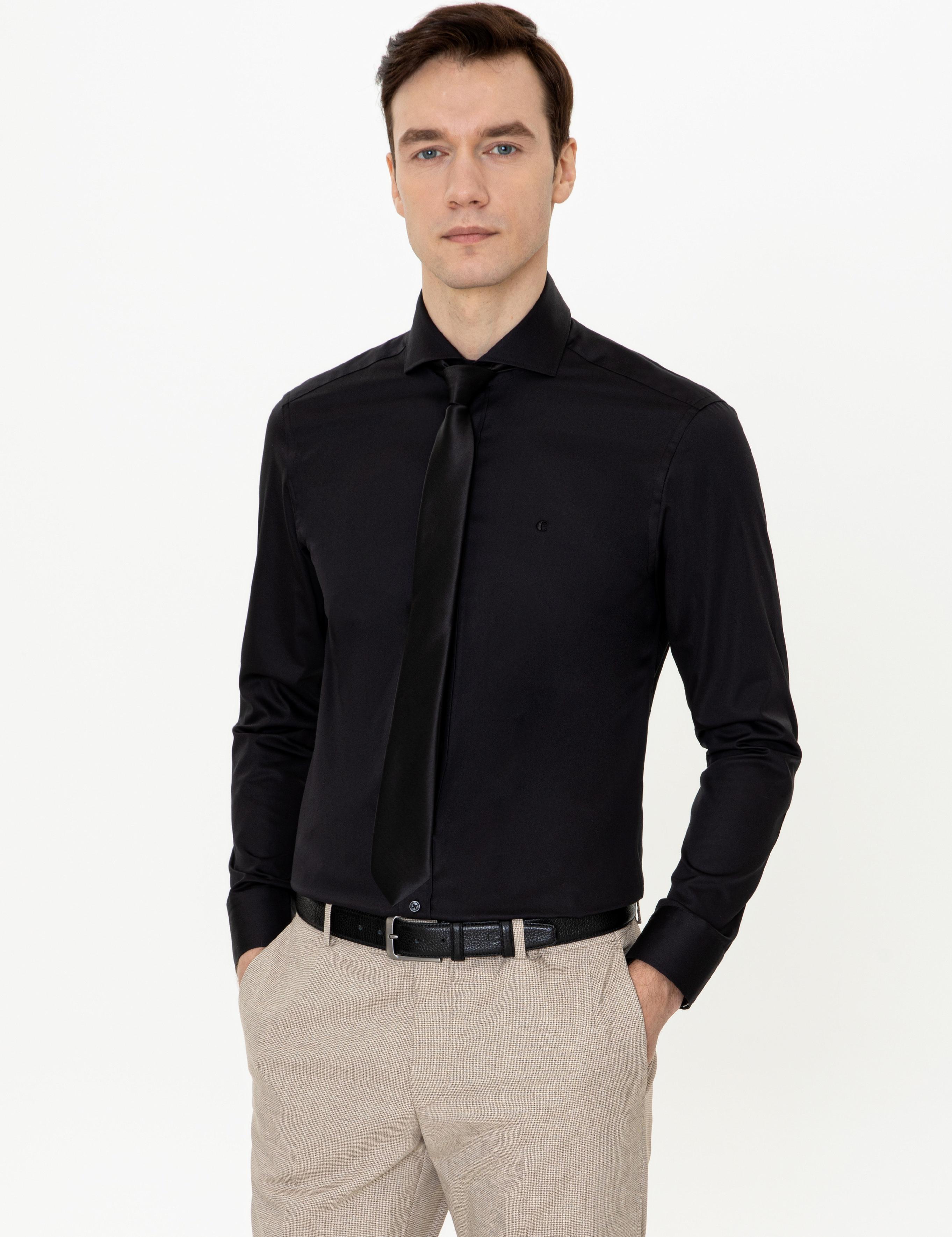 Siyah Slim Fit %100 Pamuk İtalyan Yaka Klasik Gömlek - 50250845072