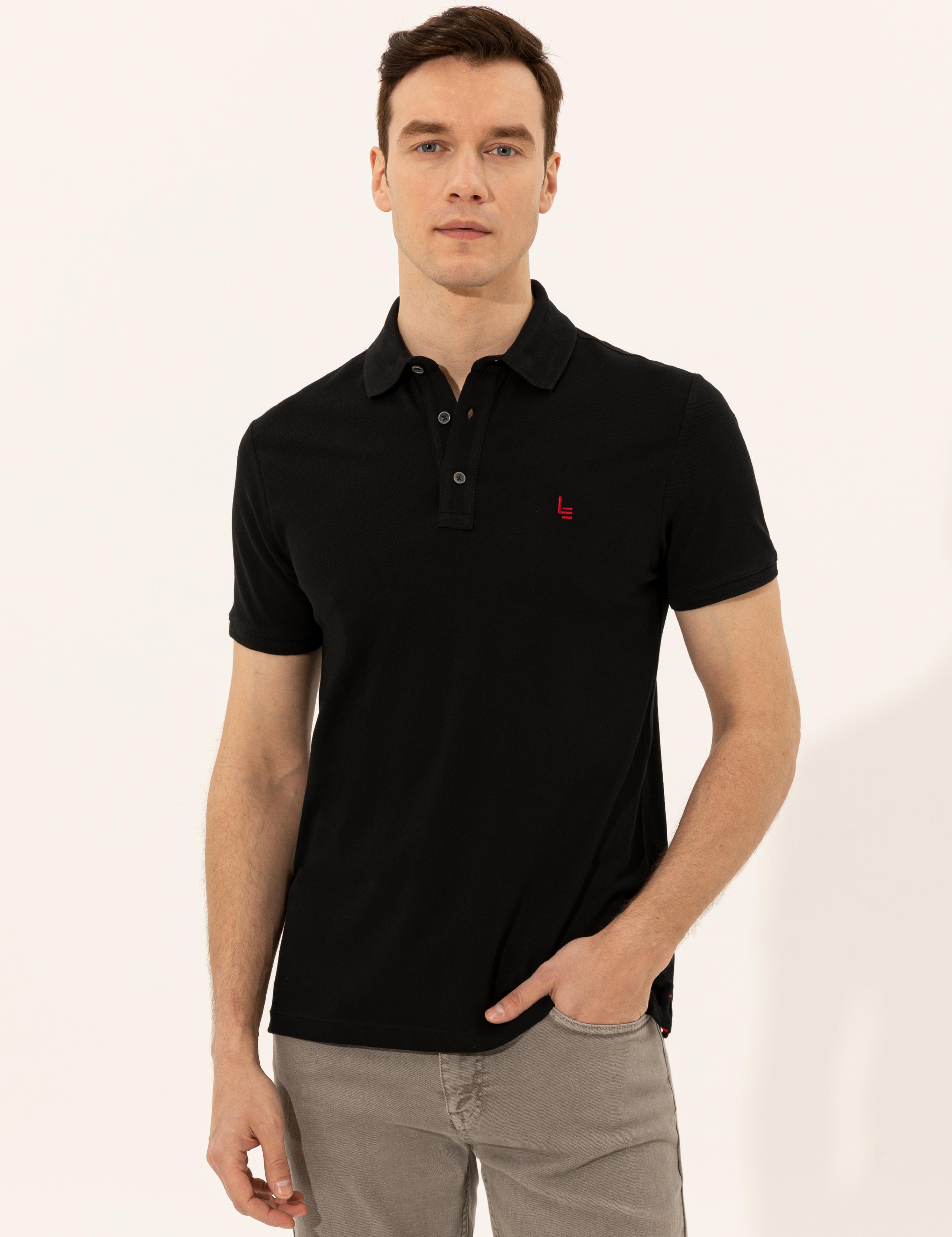 Siyah Polo Yaka Slim Fit Basic T-Shirt - 50250189013