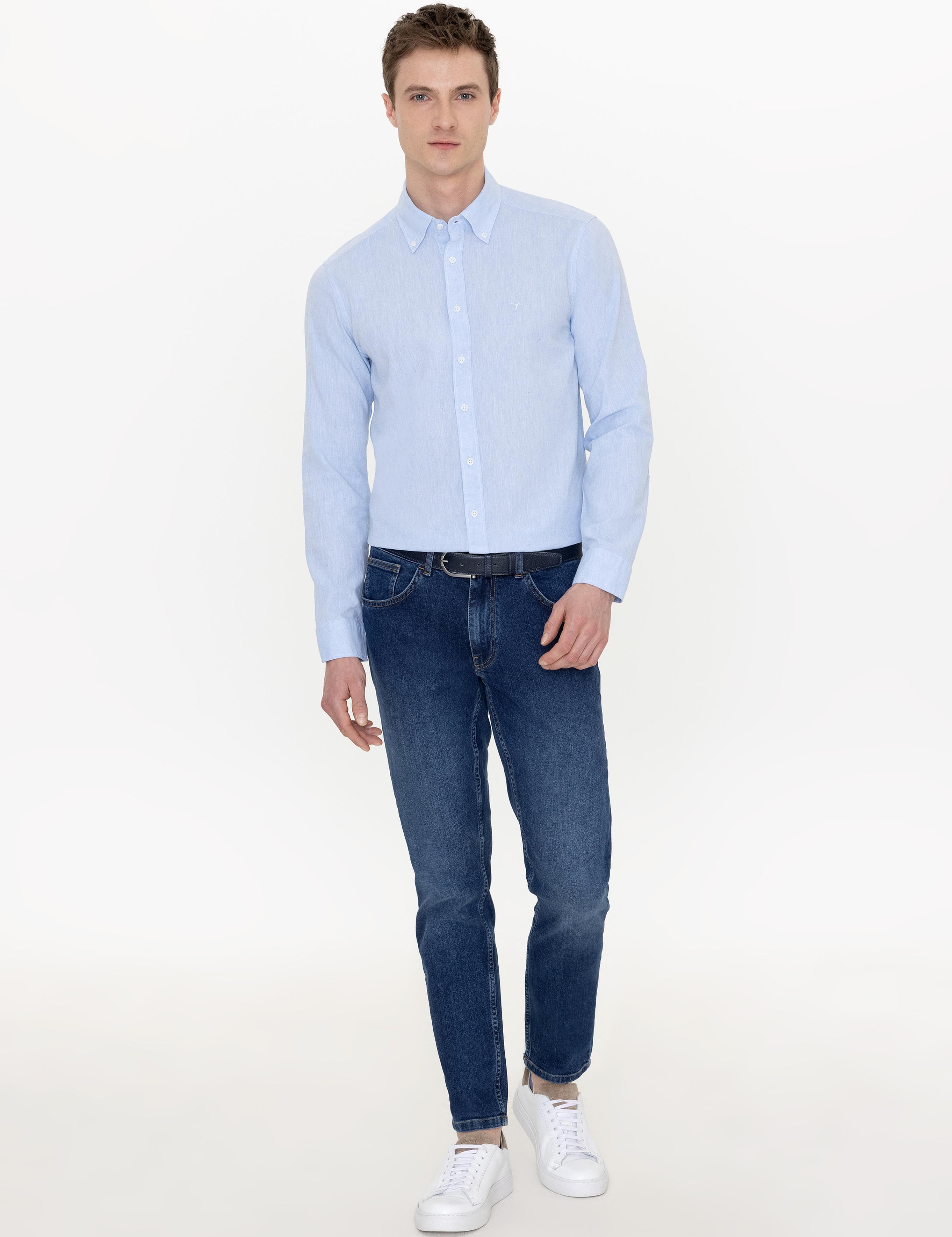 Açık Mavi Keten Karışımlı Slim Fit Uzun Kollu Gömlek - 50250813412