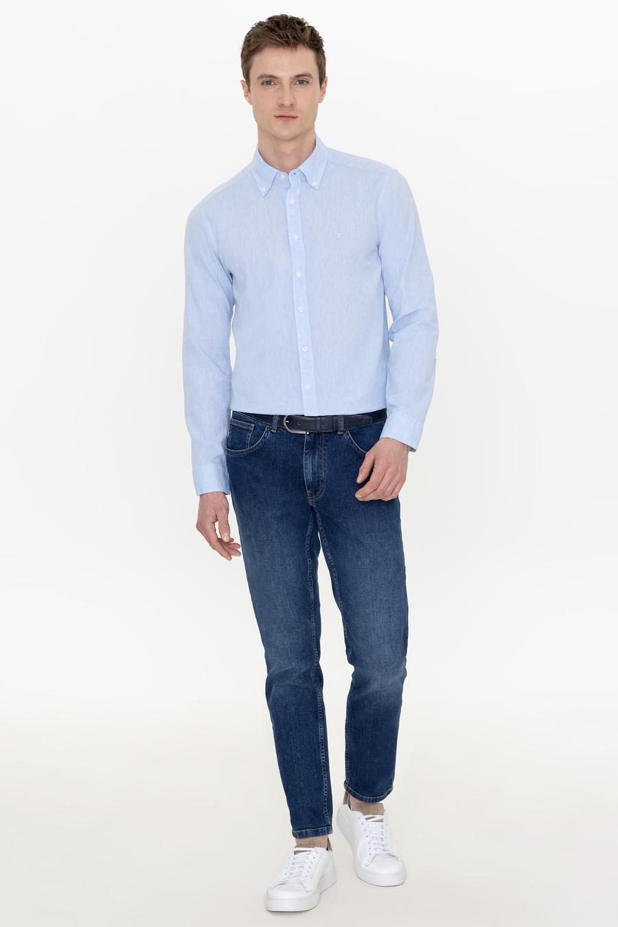 Açık Mavi Keten Karışımlı Slim Fit Uzun Kollu Gömlek - 50250813412