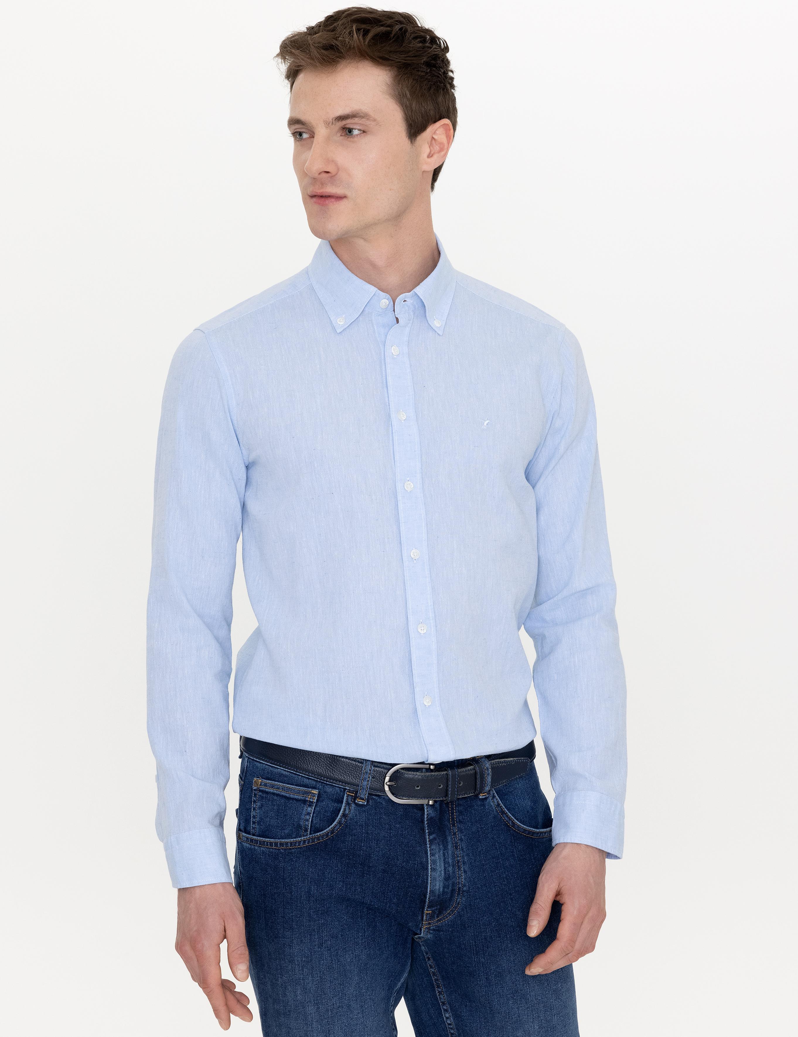 Açık Mavi Keten Karışımlı Slim Fit Uzun Kollu Gömlek - 50250813412