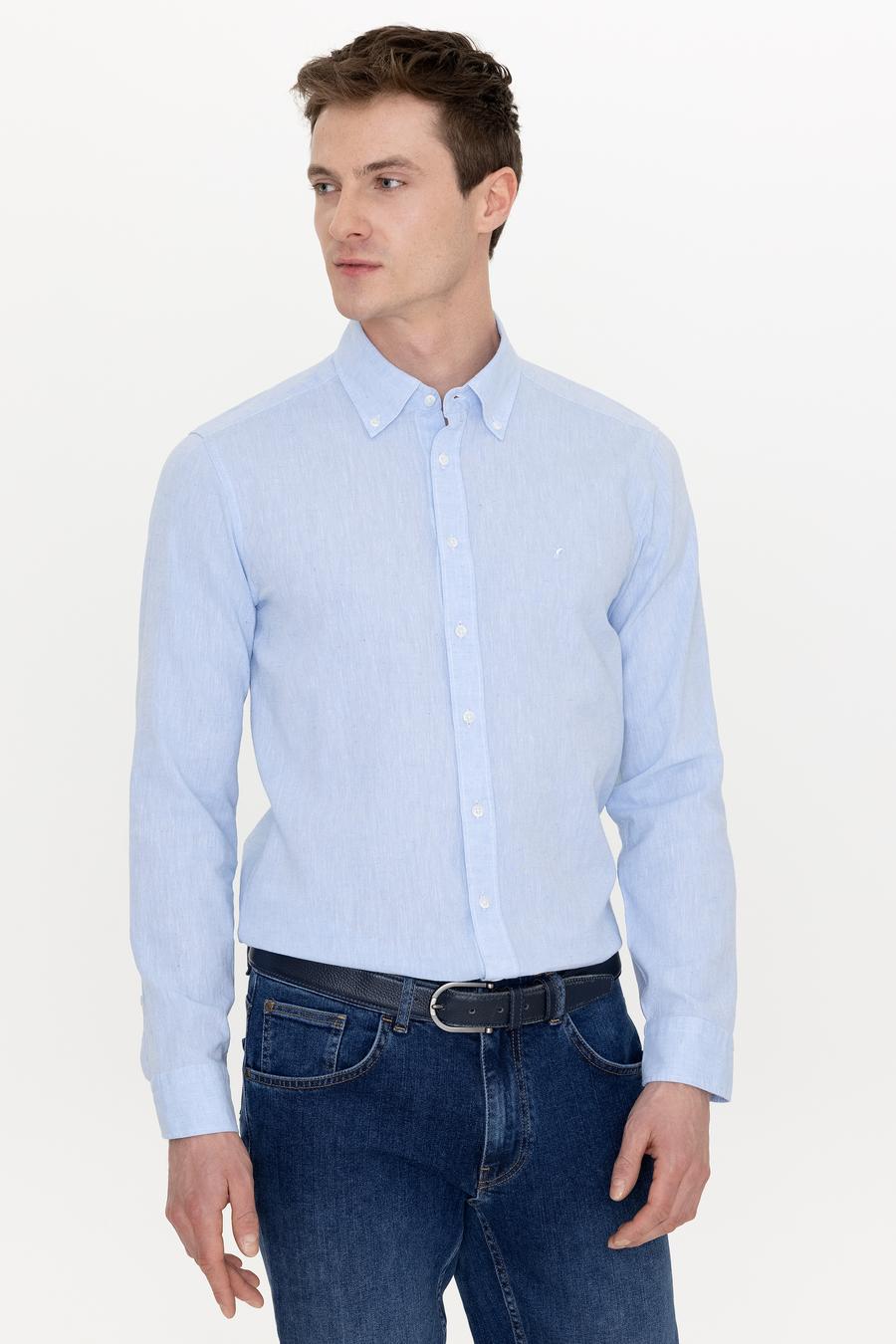 Açık Mavi Keten Karışımlı Slim Fit Uzun Kollu Gömlek - 50250813412