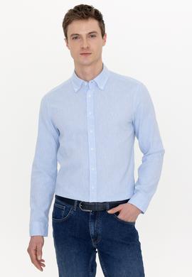 Açık Mavi Keten Karışımlı Slim Fit Uzun Kollu Gömlek