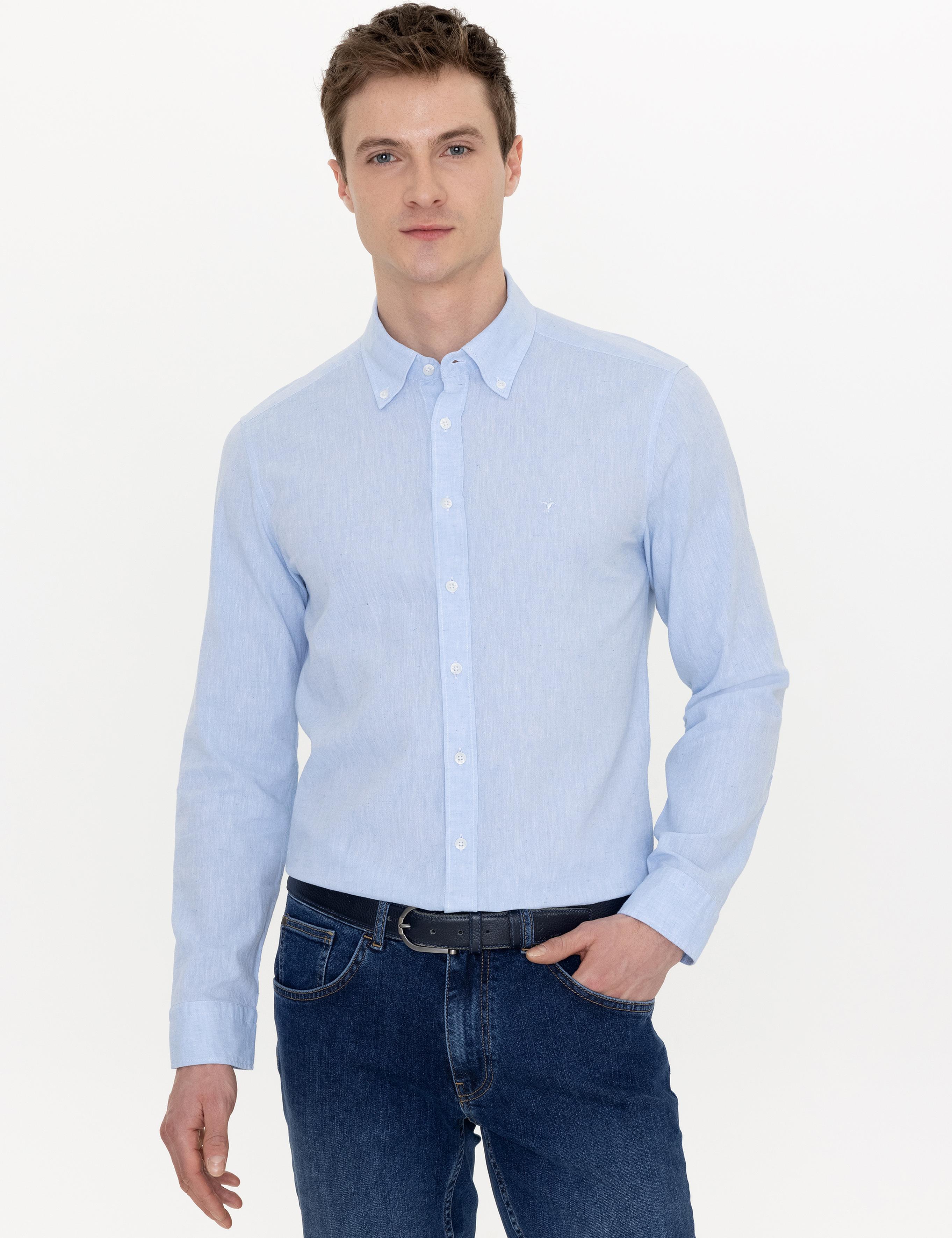 Açık Mavi Keten Karışımlı Slim Fit Uzun Kollu Gömlek - 50250813412
