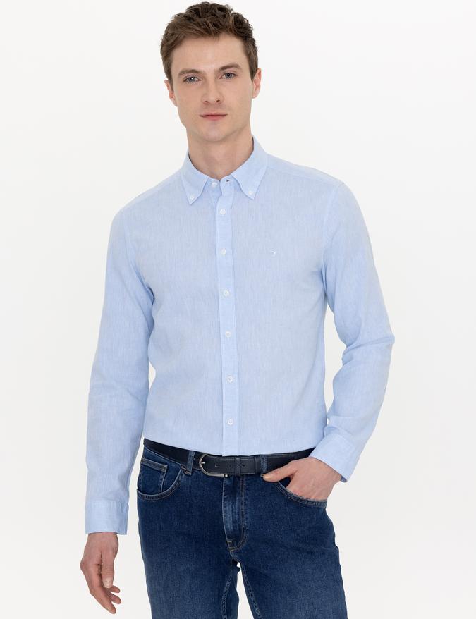 Açık Mavi Keten Karışımlı Slim Fit Uzun Kollu Gömlek