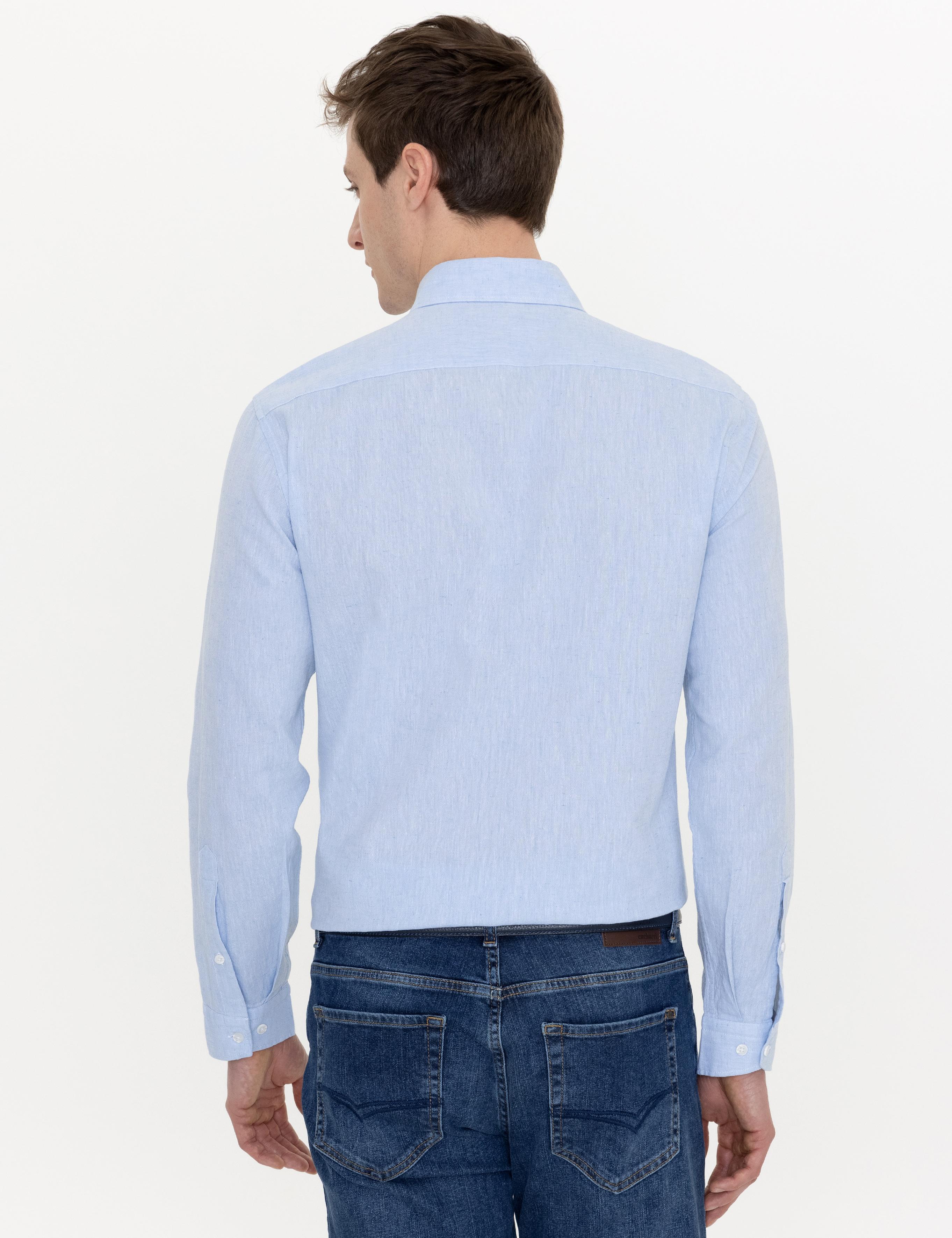 Açık Mavi Keten Karışımlı Slim Fit Uzun Kollu Gömlek - 50250813412