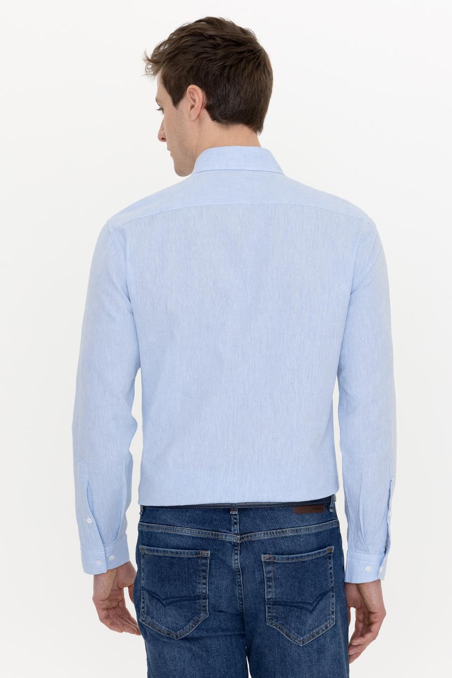 Açık Mavi Keten Karışımlı Slim Fit Uzun Kollu Gömlek - 50250813412