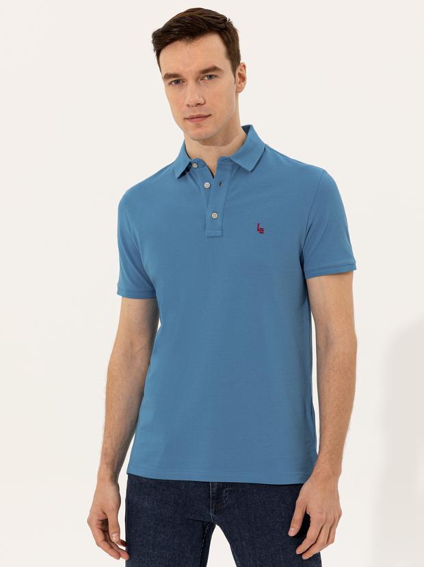Kobalt Mavi Polo Yaka Slim Fit Basic T-Shirt