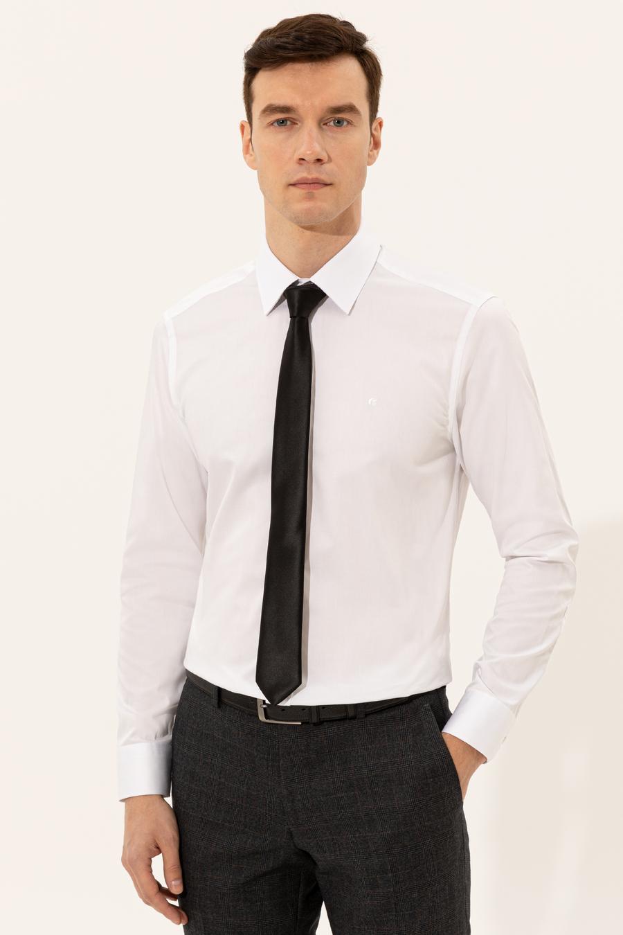 Beyaz Slim Fit % 100 Pamuk  İtalyan Yaka  Basic Gömlek - 50255242004