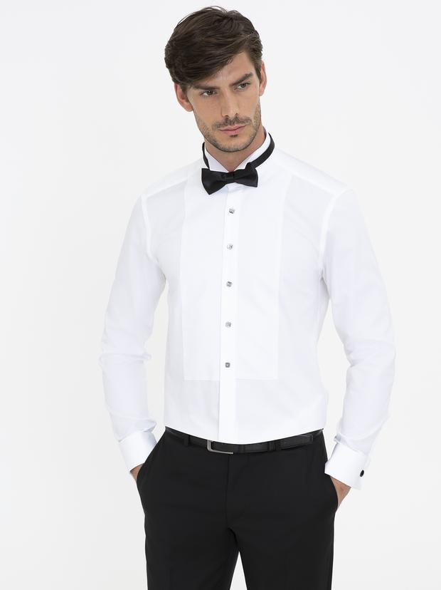 Beyaz Slim Fit Smokin Gömlek
