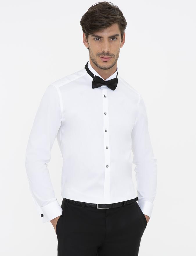 Beyaz Slim Fit Smokin Gömlek
