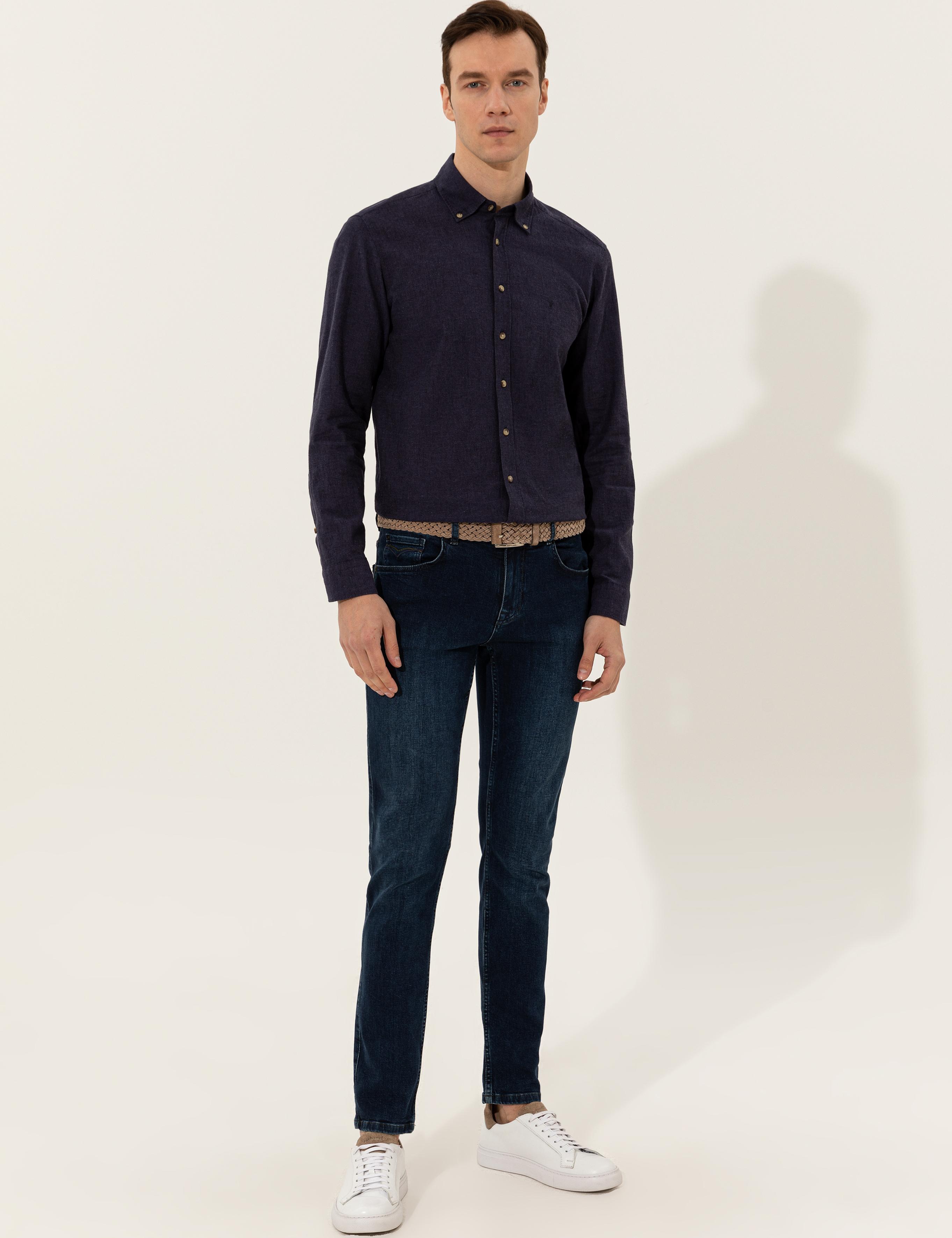 Lacivert Keten Karışımlı Slim Fit Uzun Kollu Gömlek - 50250813469