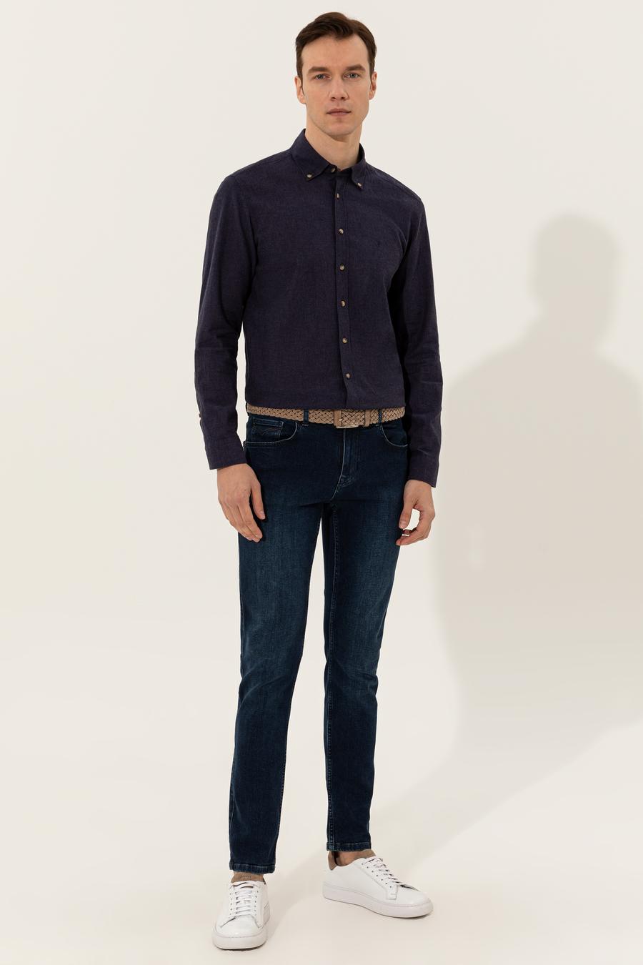 Lacivert Keten Karışımlı Slim Fit Uzun Kollu Gömlek - 50250813469