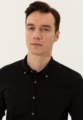 Siyah Keten Karışımlı Slim Fit Uzun Kollu Gömlek