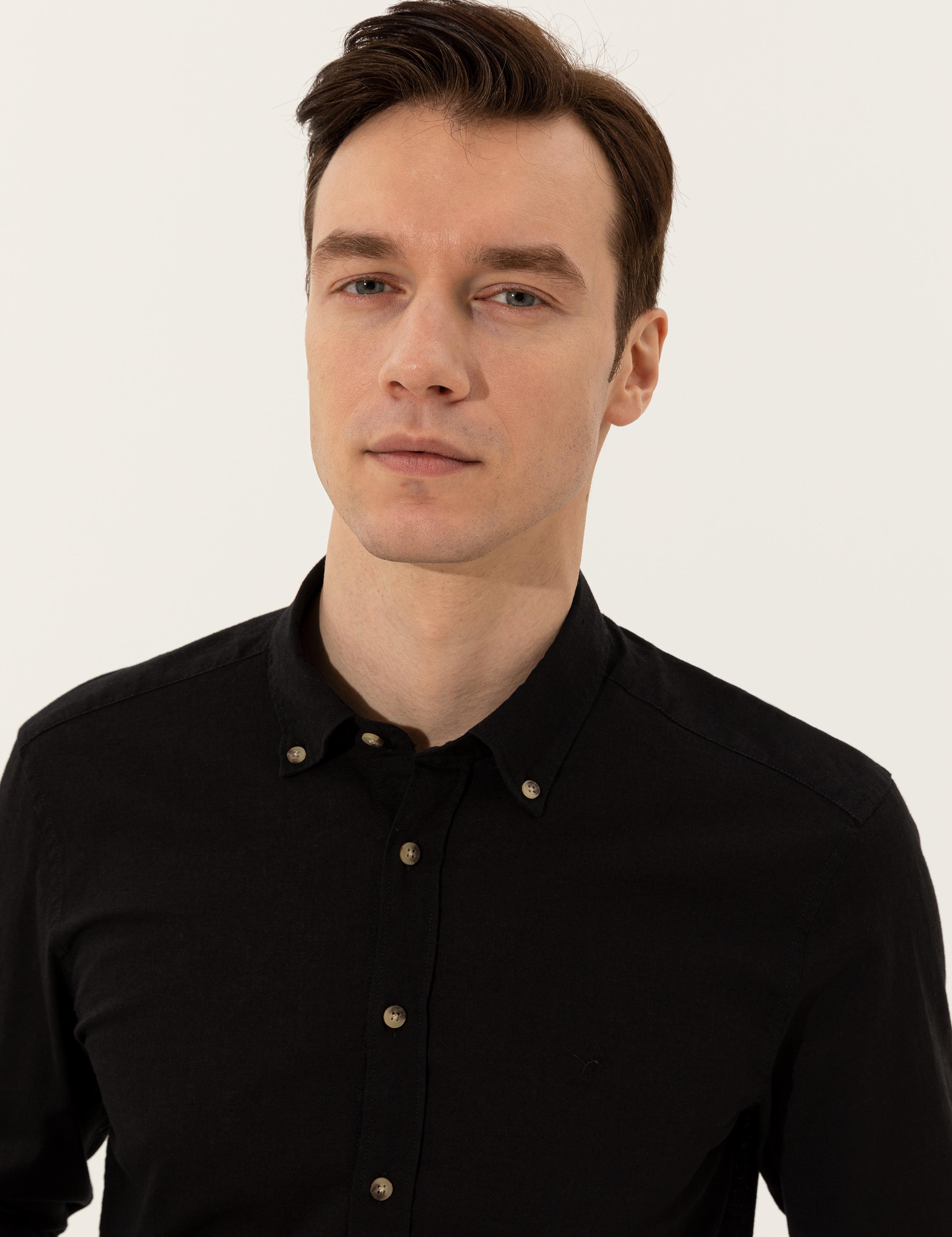 Siyah Keten Karışımlı Slim Fit Uzun Kollu Gömlek - 50250813533