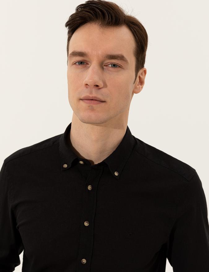 Siyah Keten Karışımlı Slim Fit Uzun Kollu Gömlek