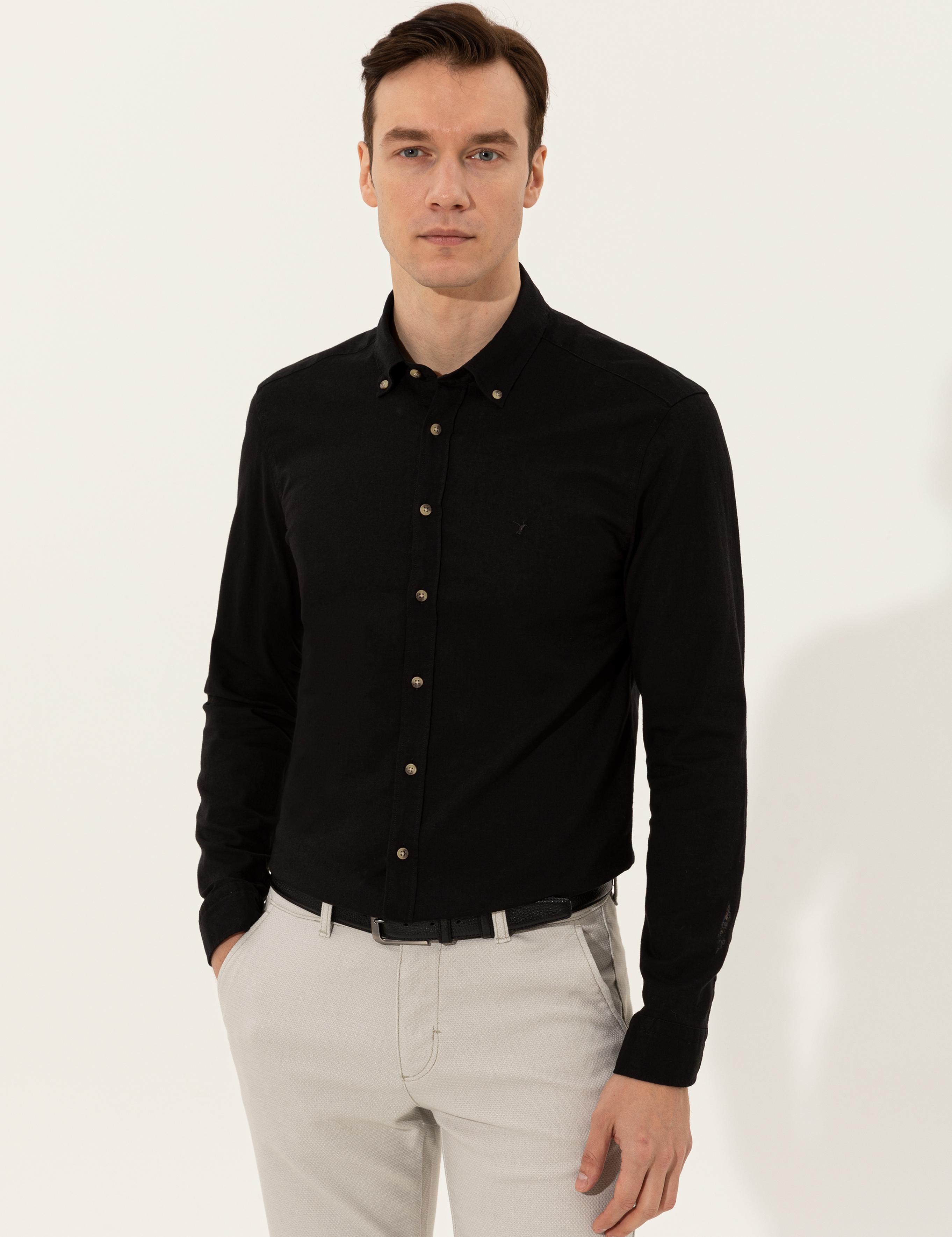 Siyah Keten Karışımlı Slim Fit Uzun Kollu Gömlek - 50250813533