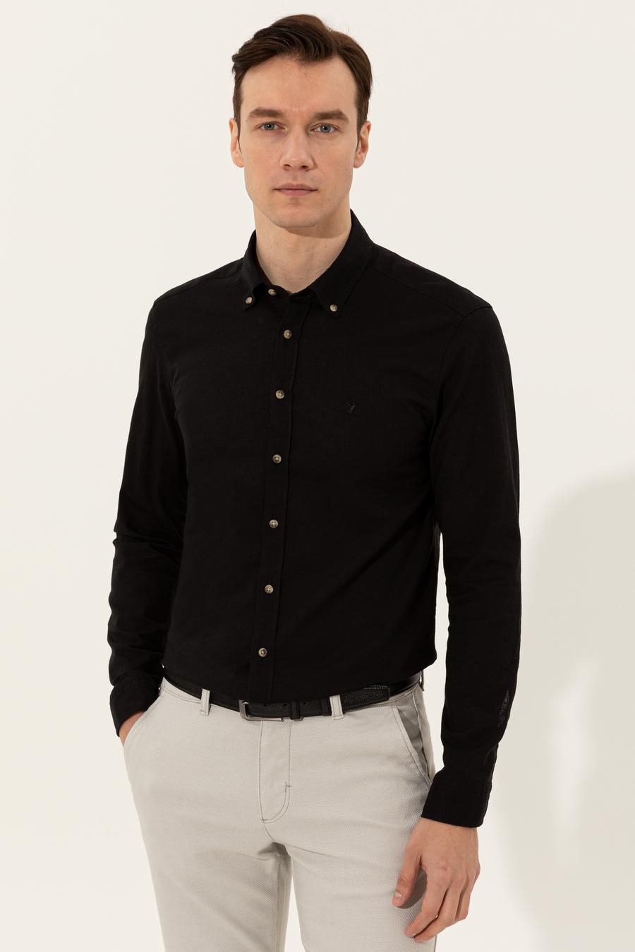 Siyah Keten Karışımlı Slim Fit Uzun Kollu Gömlek - 50250813533