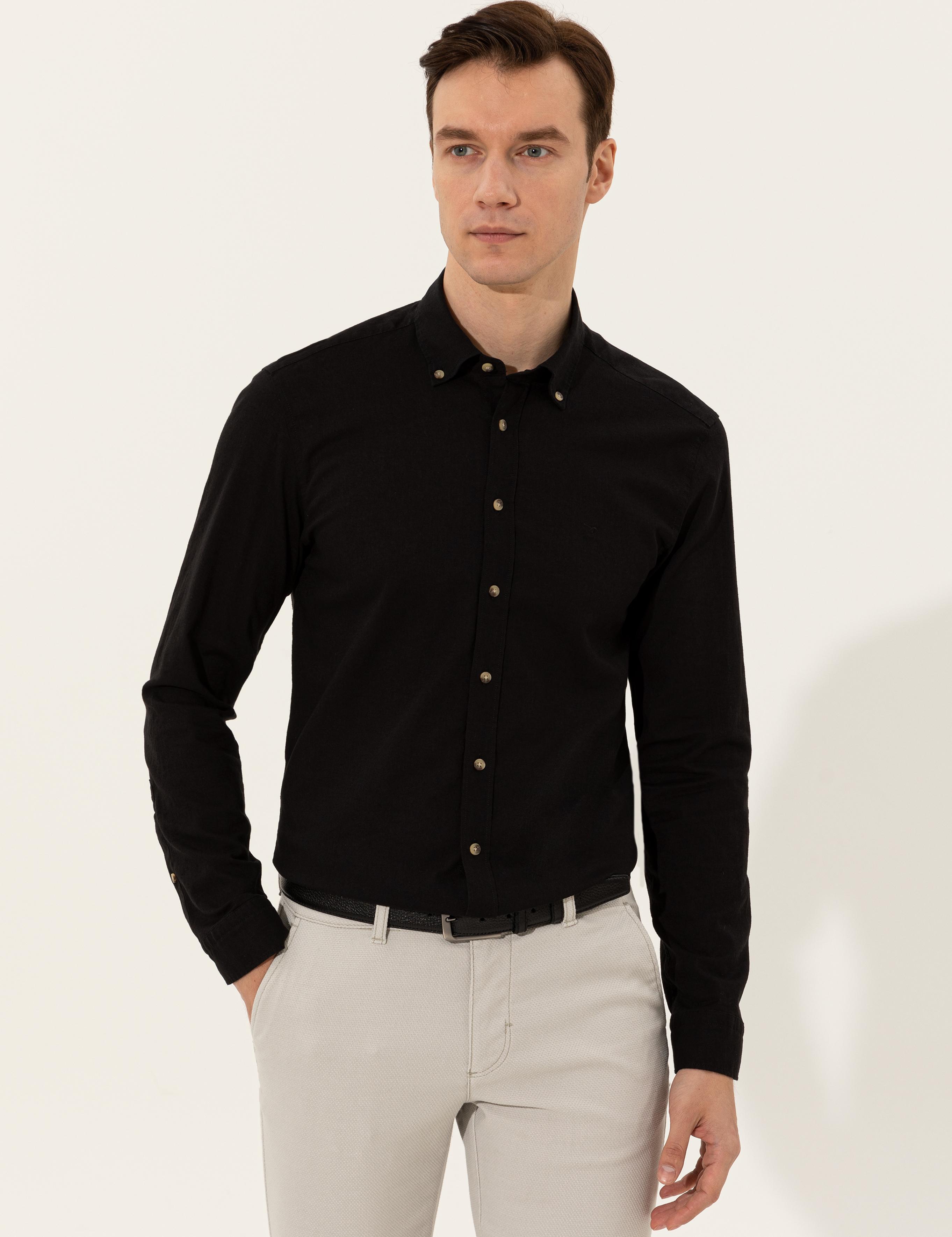 Siyah Keten Karışımlı Slim Fit Uzun Kollu Gömlek - 50250813533