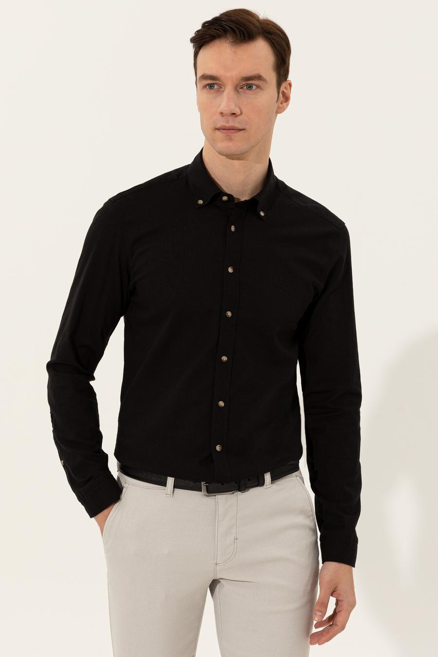 Siyah Keten Karışımlı Slim Fit Uzun Kollu Gömlek - 50250813533