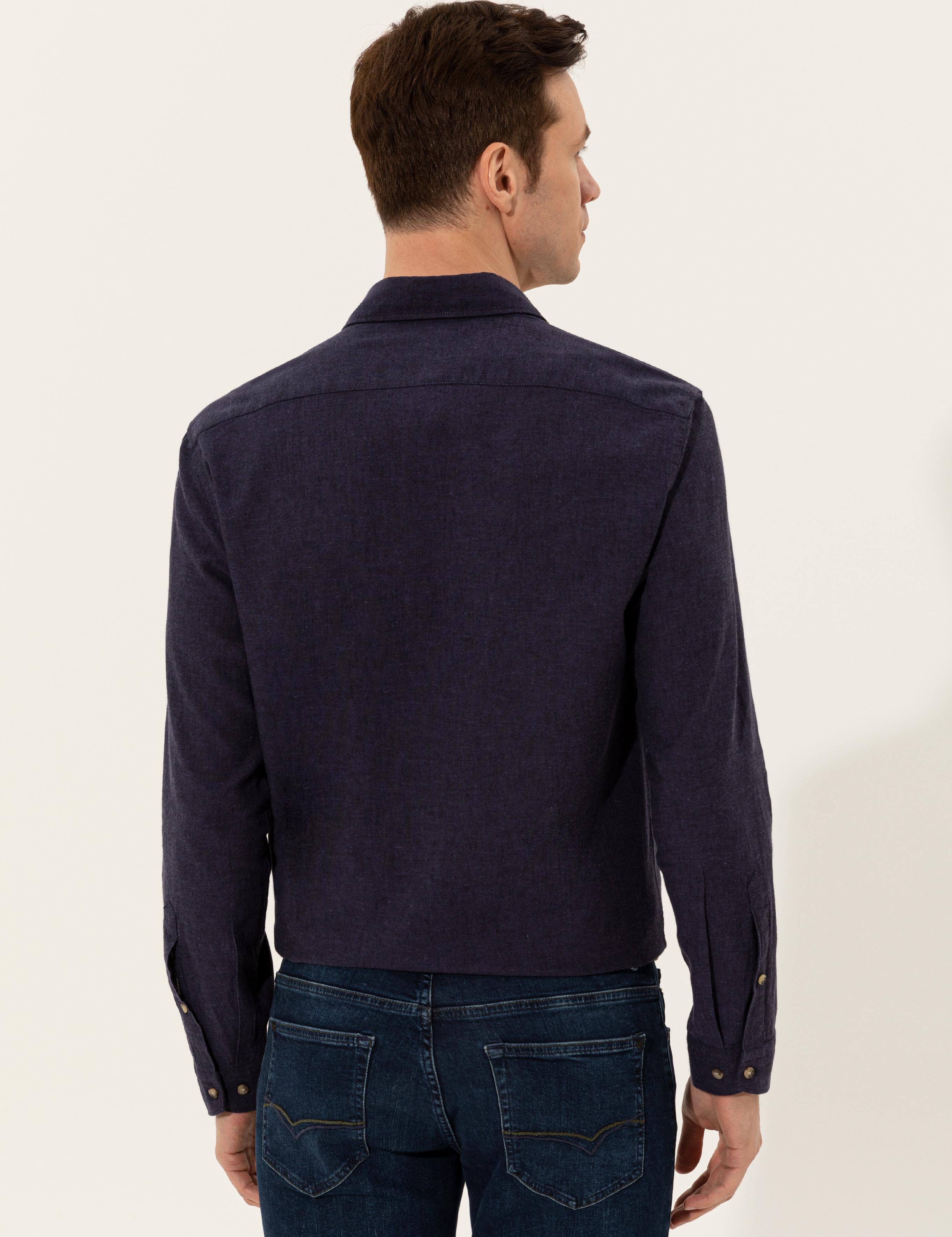 Lacivert Keten Karışımlı Slim Fit Uzun Kollu Gömlek - 50250813469