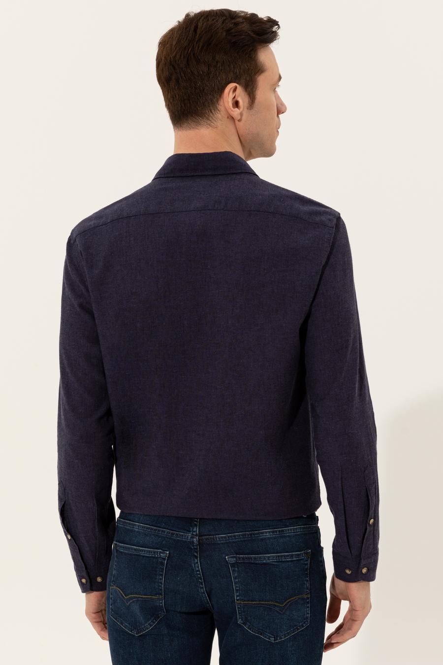 Lacivert Keten Karışımlı Slim Fit Uzun Kollu Gömlek - 50250813469