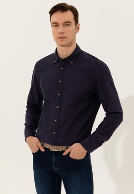 Lacivert Keten Karışımlı Slim Fit Uzun Kollu Gömlek
