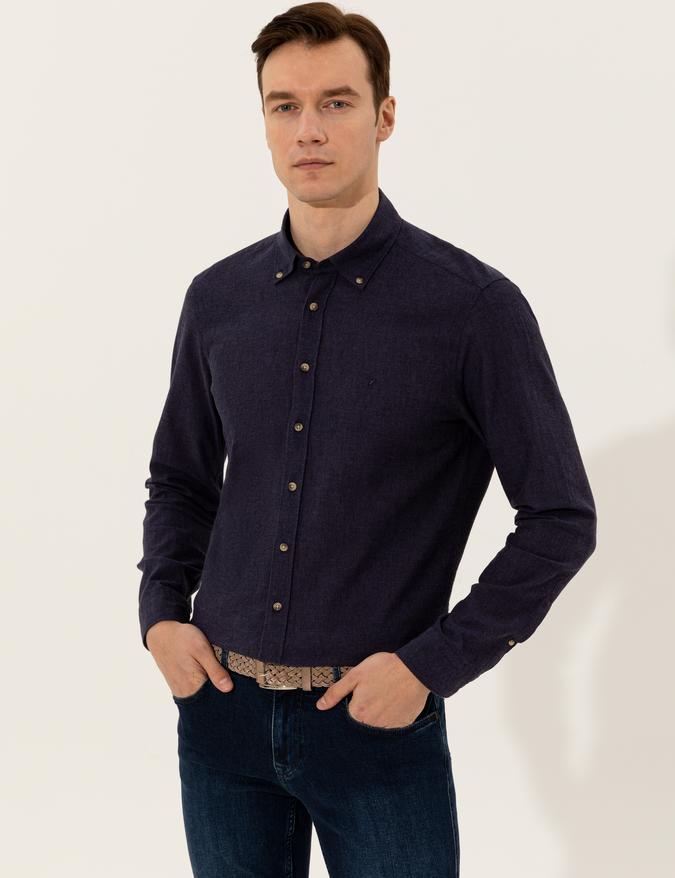 Lacivert Keten Karışımlı Slim Fit Uzun Kollu Gömlek