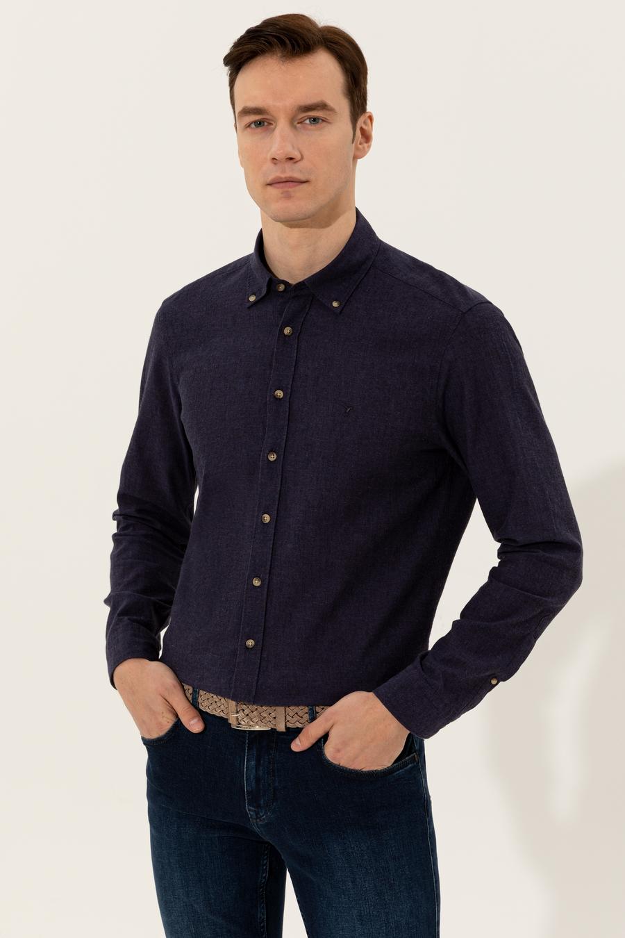 Lacivert Keten Karışımlı Slim Fit Uzun Kollu Gömlek - 50250813469