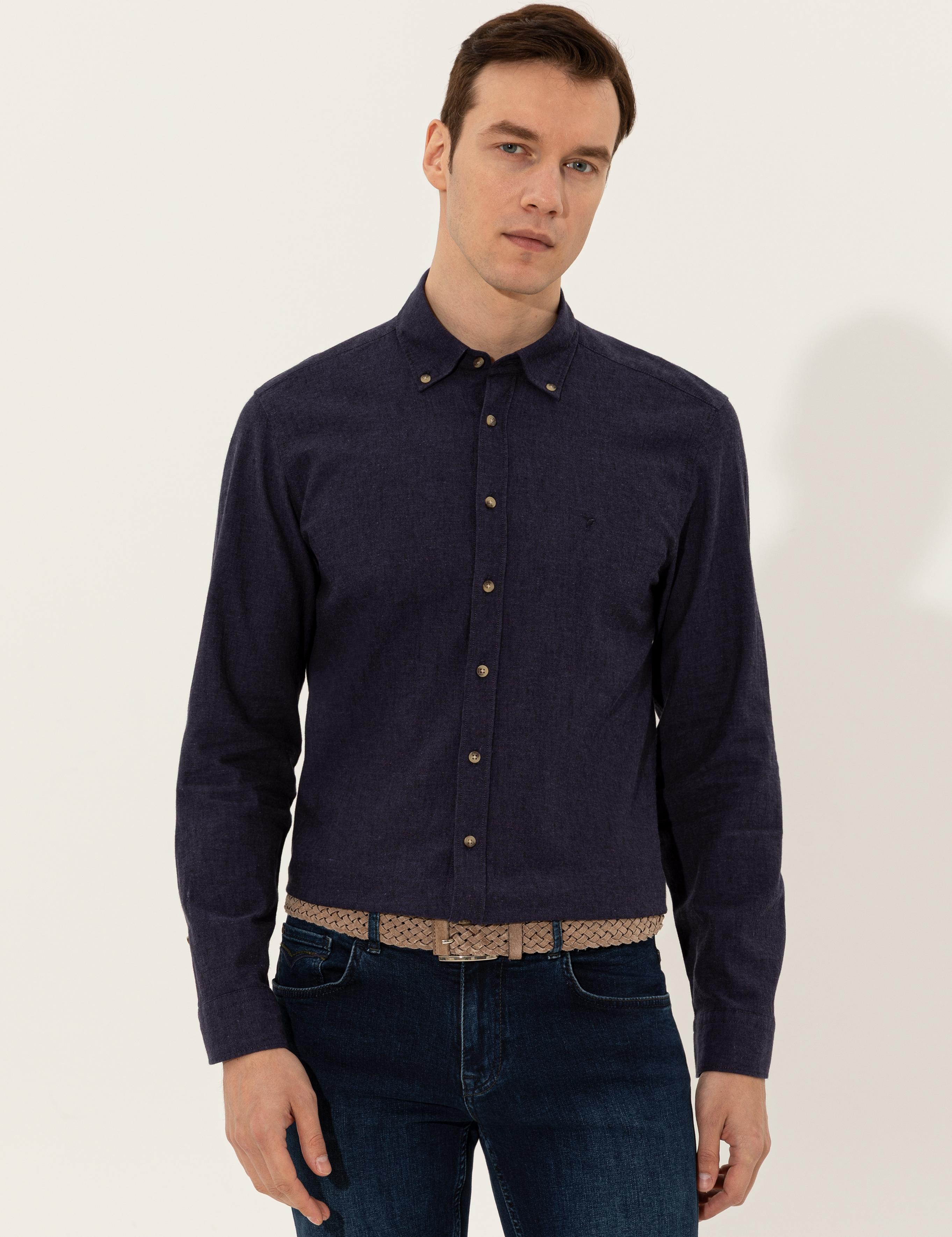 Lacivert Keten Karışımlı Slim Fit Uzun Kollu Gömlek - 50250813469