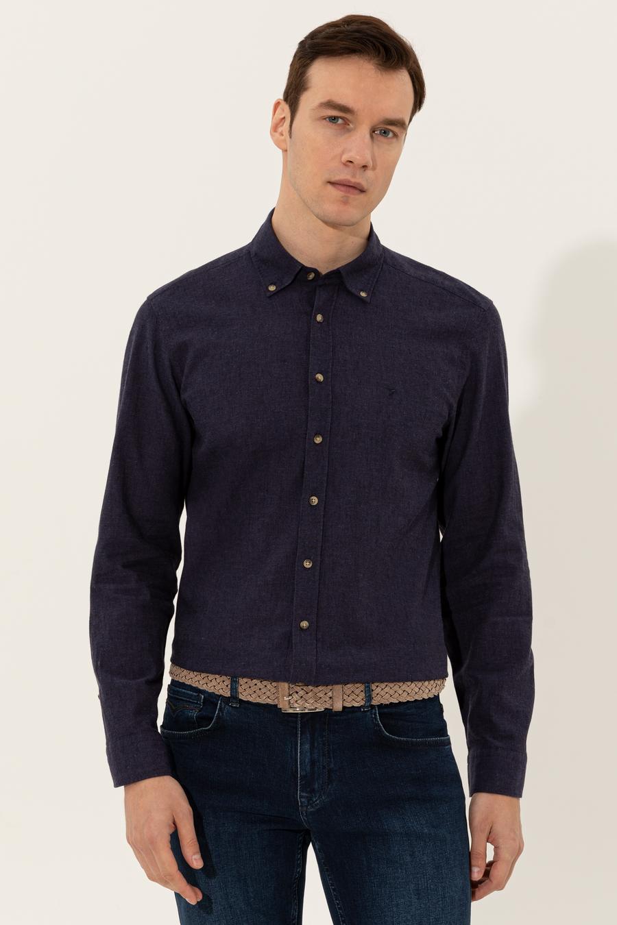 Lacivert Keten Karışımlı Slim Fit Uzun Kollu Gömlek - 50250813469