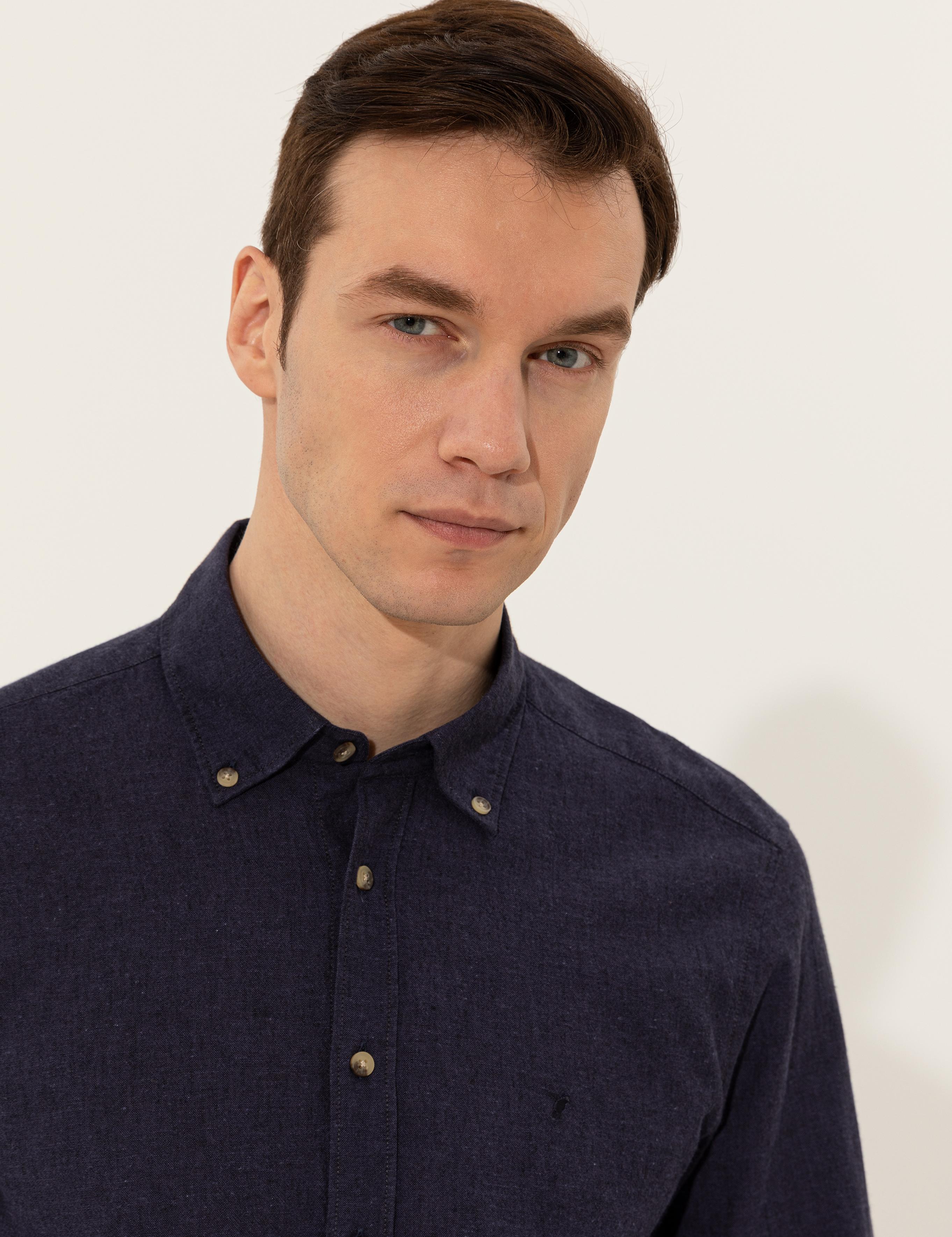 Lacivert Keten Karışımlı Slim Fit Uzun Kollu Gömlek - 50250813469