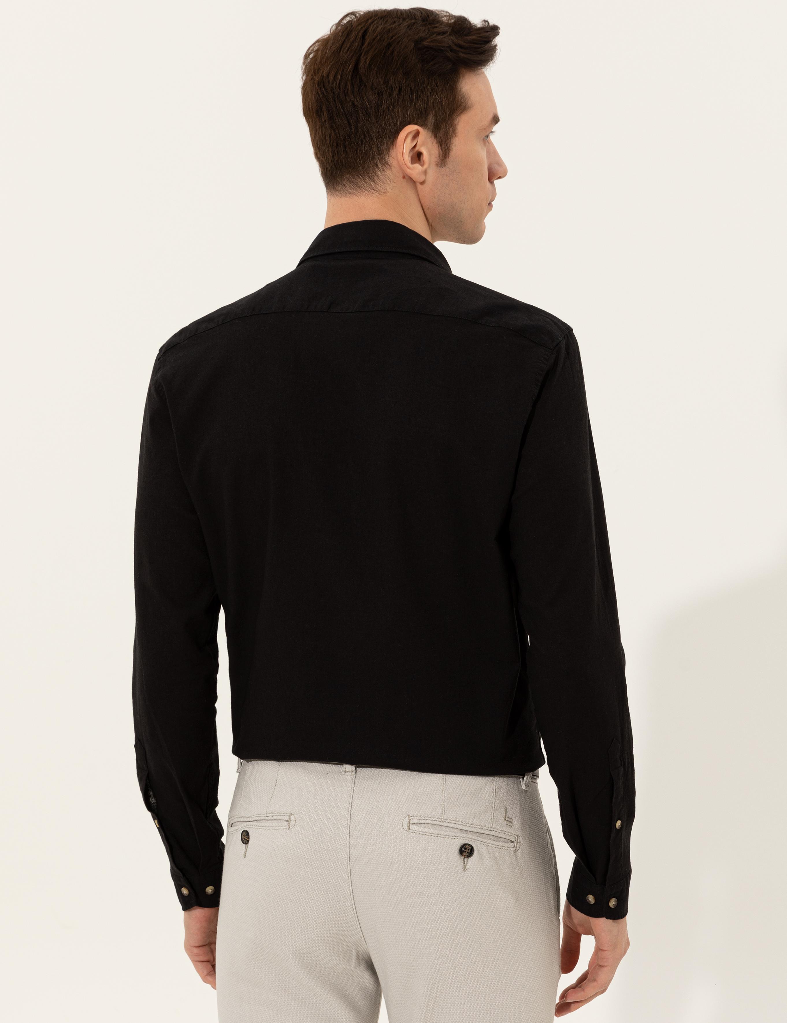Siyah Keten Karışımlı Slim Fit Uzun Kollu Gömlek - 50250813533