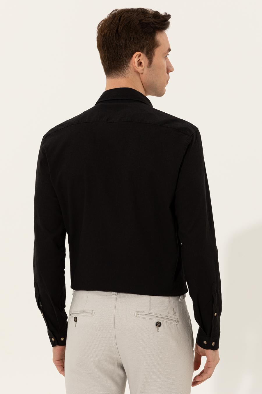 Siyah Keten Karışımlı Slim Fit Uzun Kollu Gömlek - 50250813533