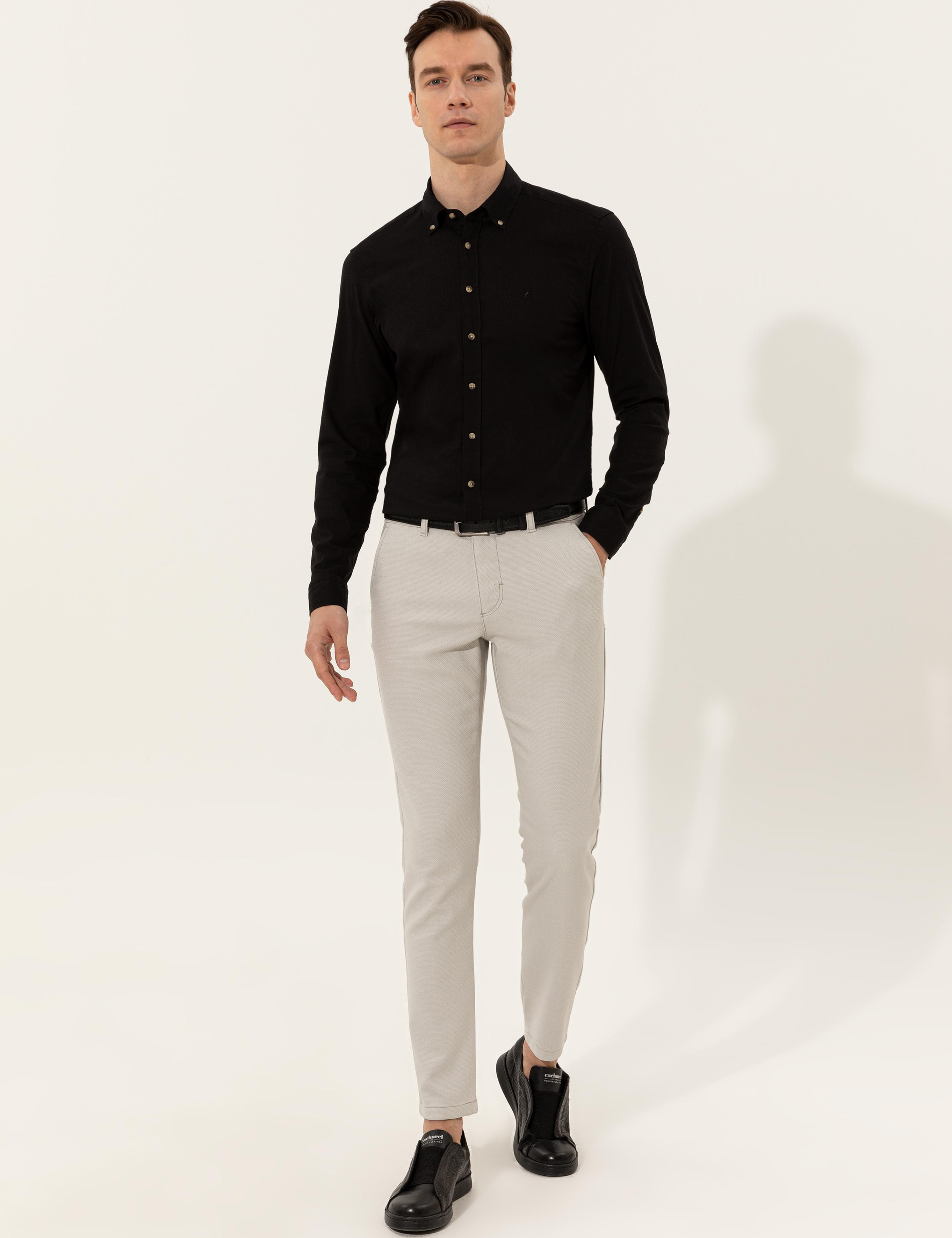 Siyah Keten Karışımlı Slim Fit Uzun Kollu Gömlek - 50250813533