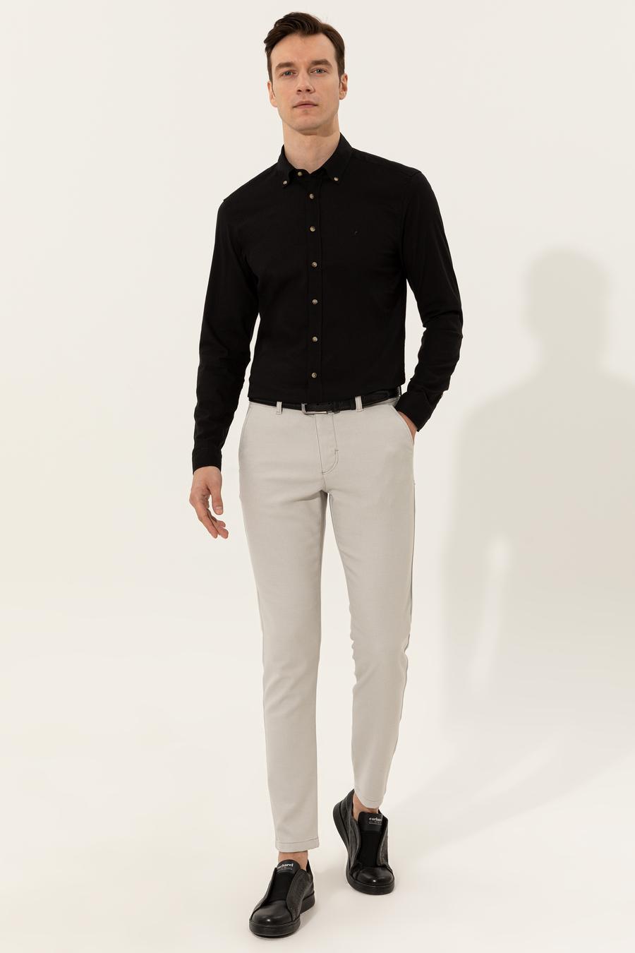 Siyah Keten Karışımlı Slim Fit Uzun Kollu Gömlek - 50250813533