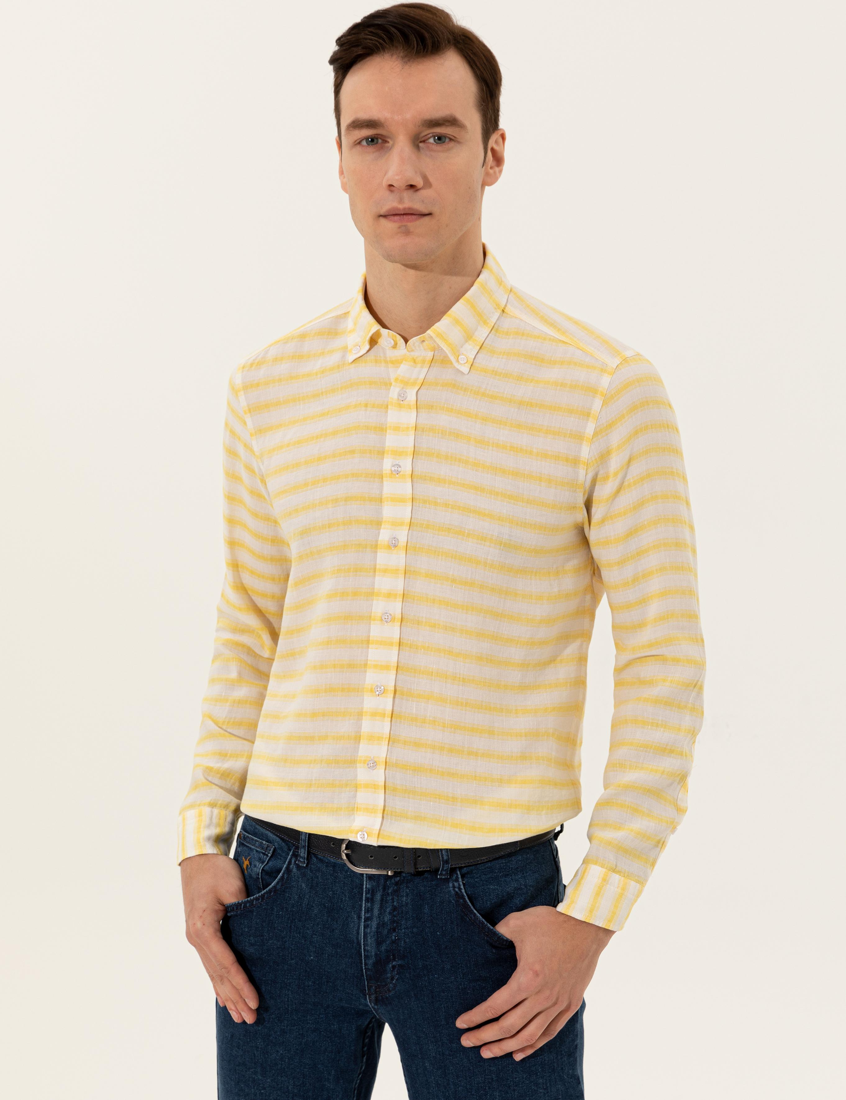 Sarı Keten Karışımlı Slim Fit Uzun Kollu Gömlek - 50247552065
