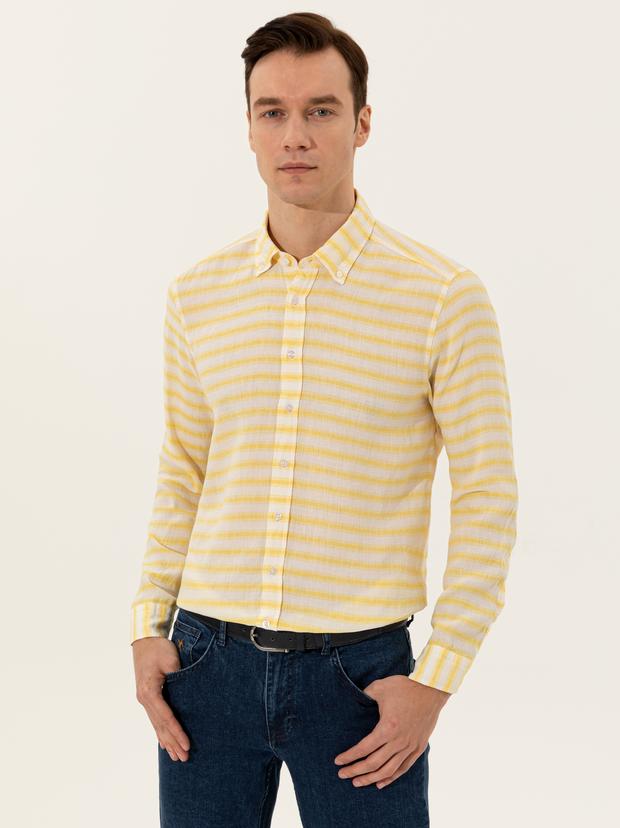Sarı Keten Karışımlı Slim Fit Uzun Kollu Gömlek