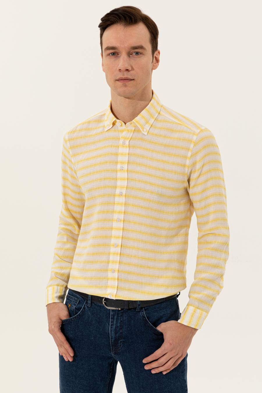 Sarı Keten Karışımlı Slim Fit Uzun Kollu Gömlek - 50247552065