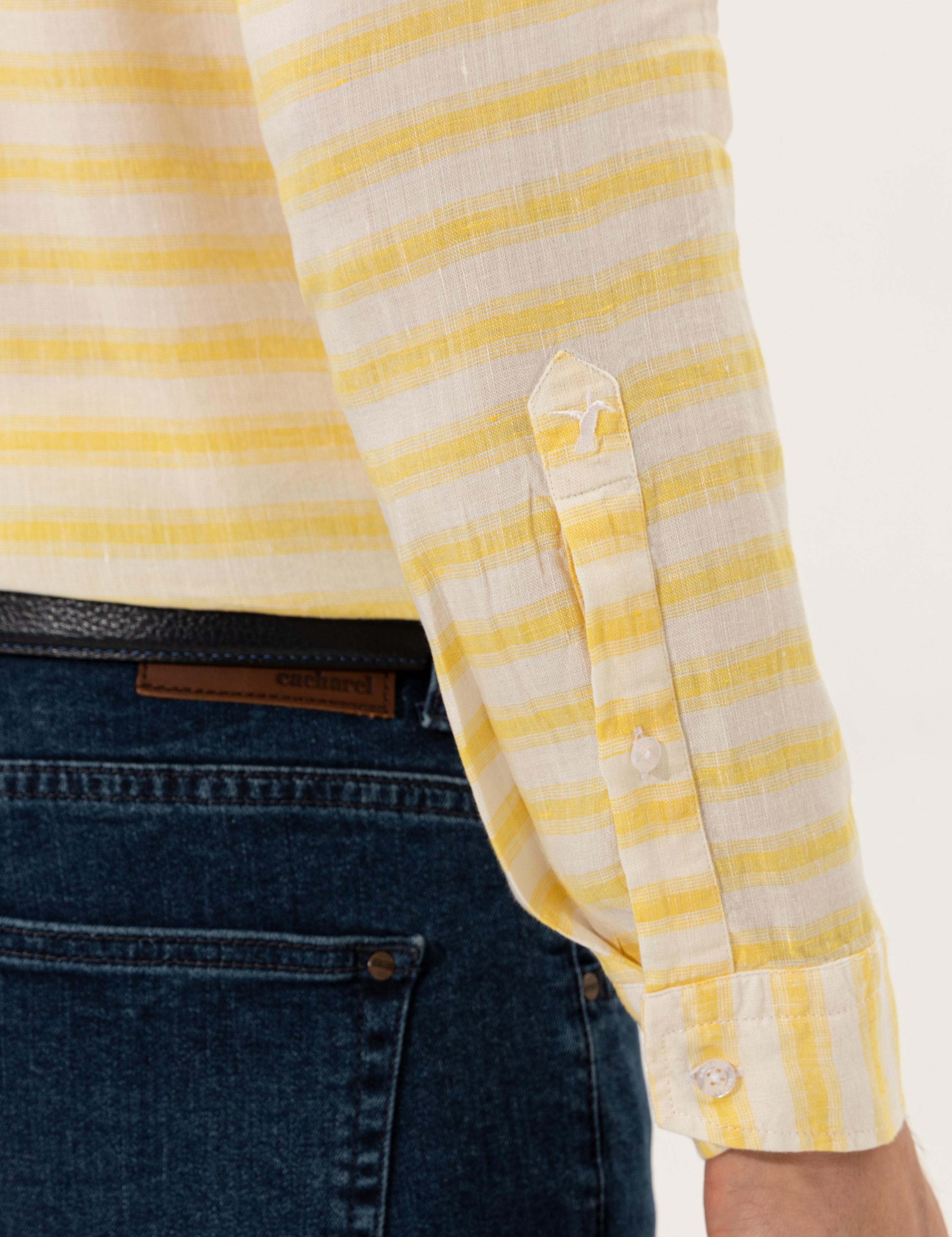 Sarı Keten Karışımlı Slim Fit Uzun Kollu Gömlek - 50247552065