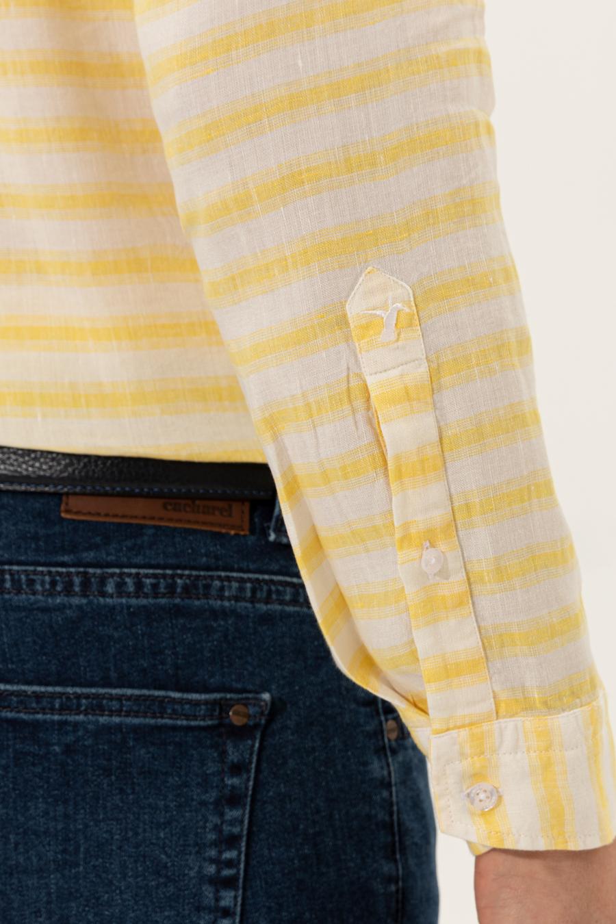 Sarı Keten Karışımlı Slim Fit Uzun Kollu Gömlek - 50247552065