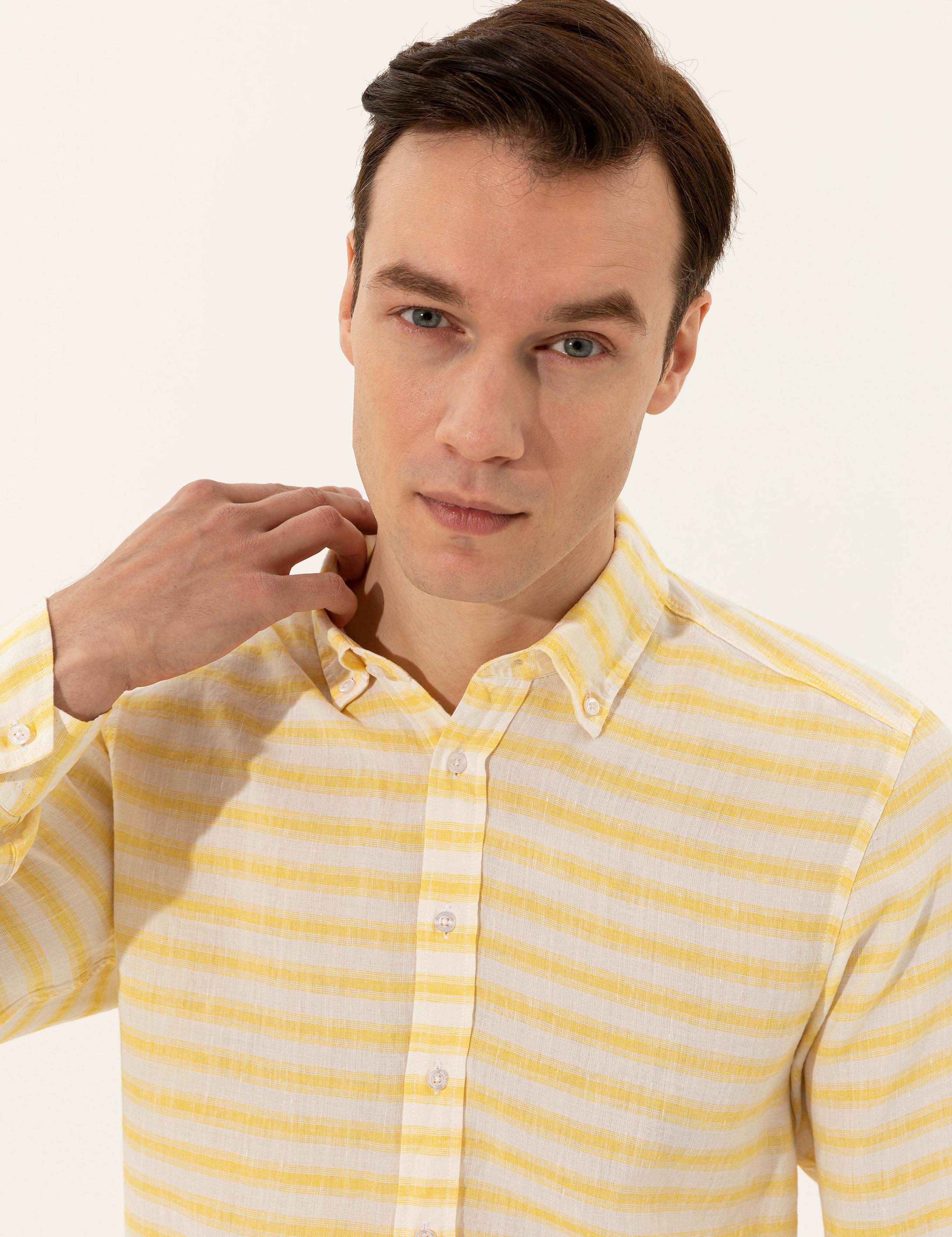 Sarı Keten Karışımlı Slim Fit Uzun Kollu Gömlek - 50247552065