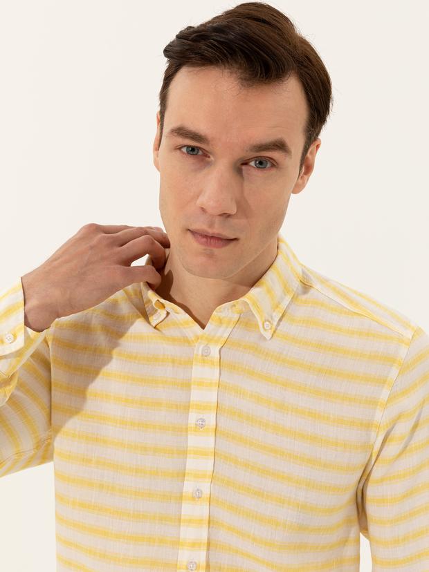 Sarı Keten Karışımlı Slim Fit Uzun Kollu Gömlek