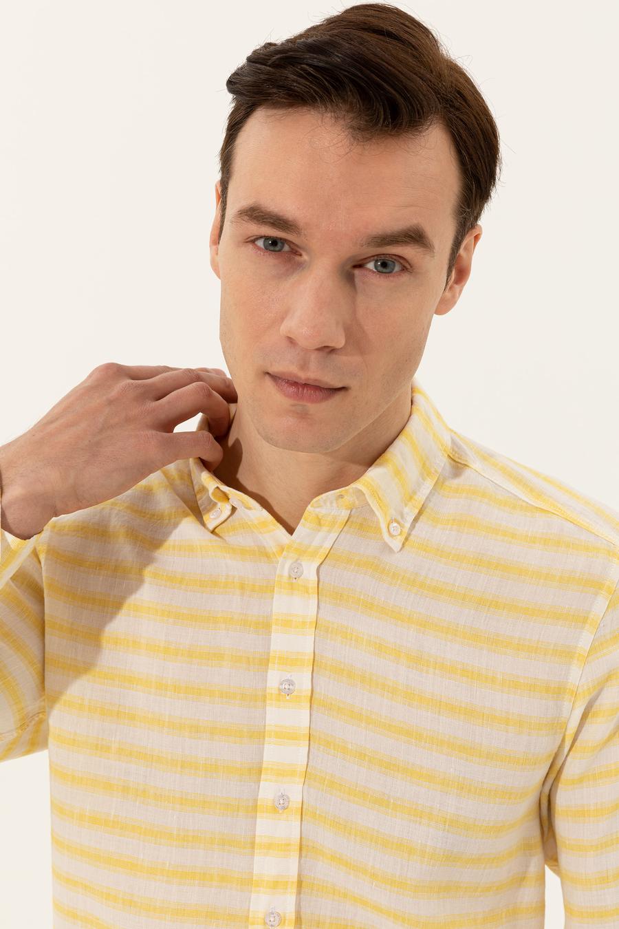 Sarı Keten Karışımlı Slim Fit Uzun Kollu Gömlek - 50247552065