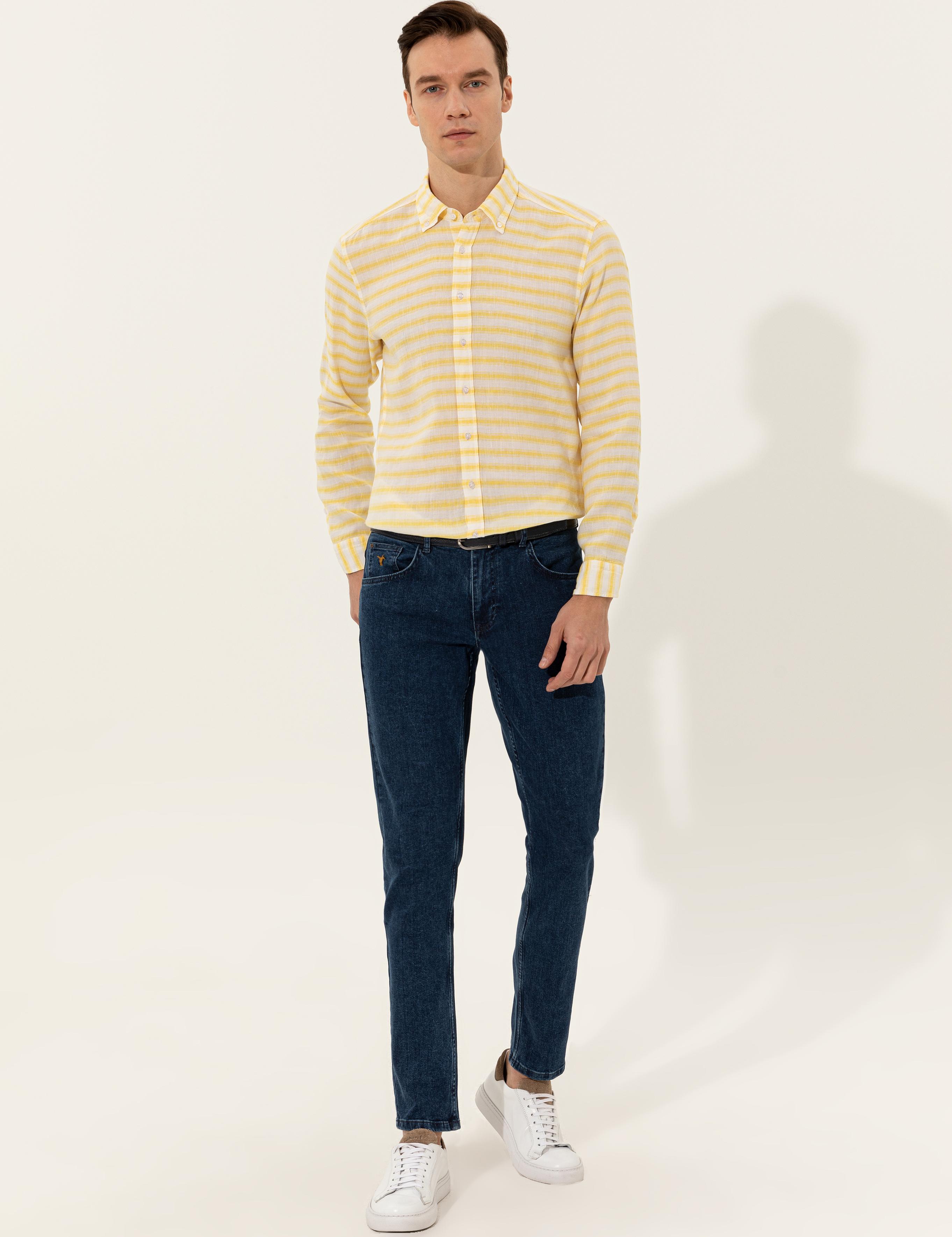 Sarı Keten Karışımlı Slim Fit Uzun Kollu Gömlek - 50247552065