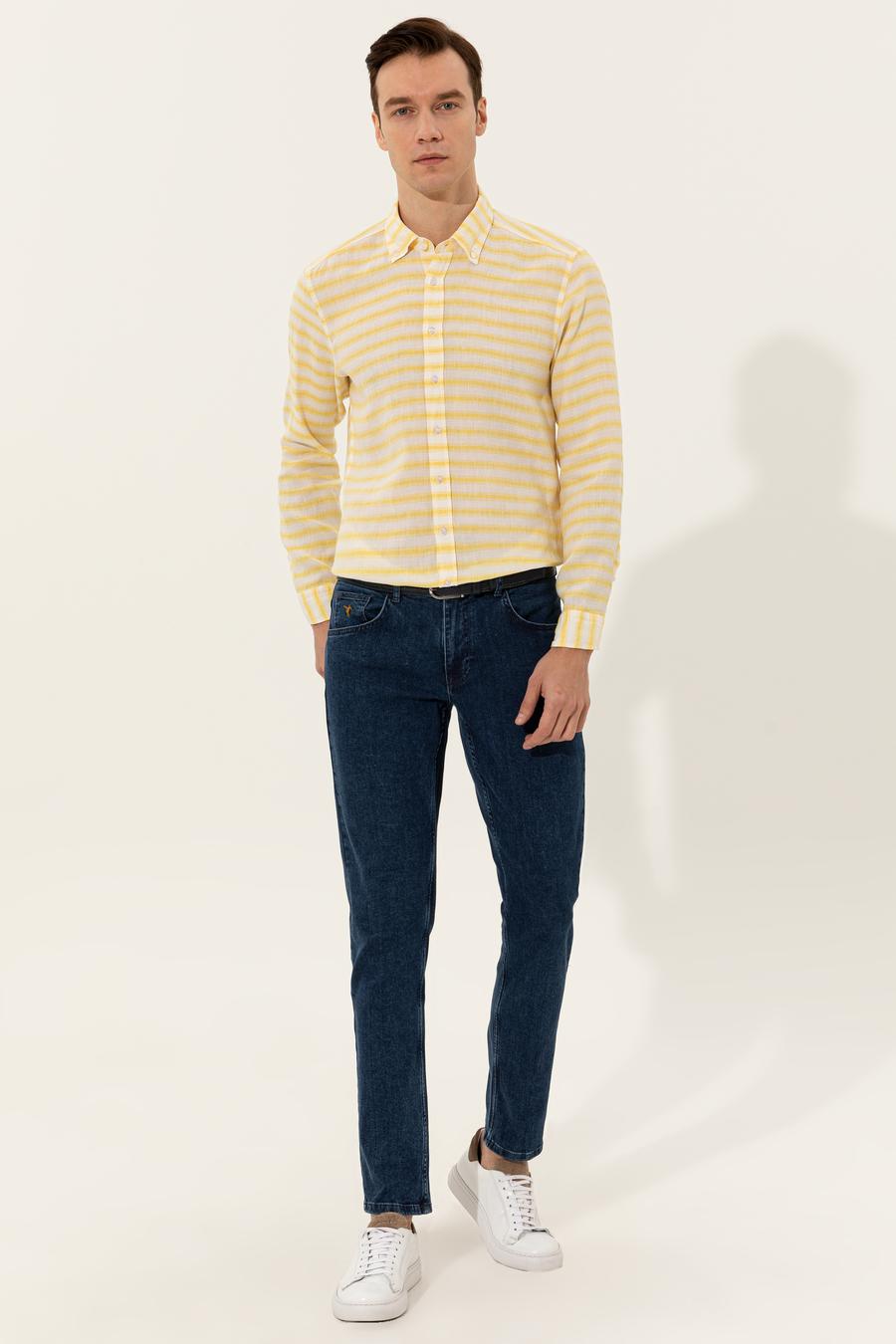 Sarı Keten Karışımlı Slim Fit Uzun Kollu Gömlek - 50247552065