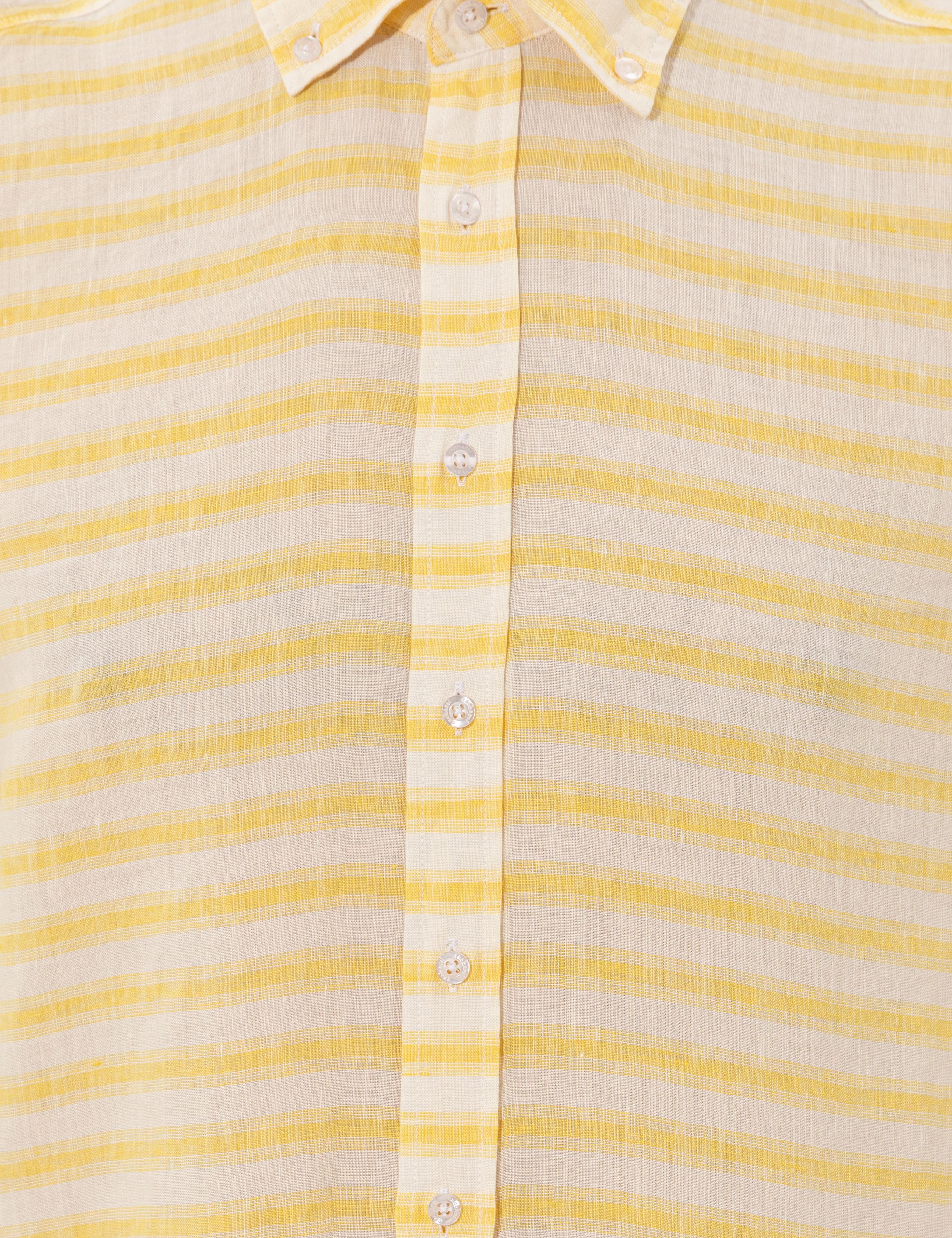 Sarı Keten Karışımlı Slim Fit Uzun Kollu Gömlek - 50247552065