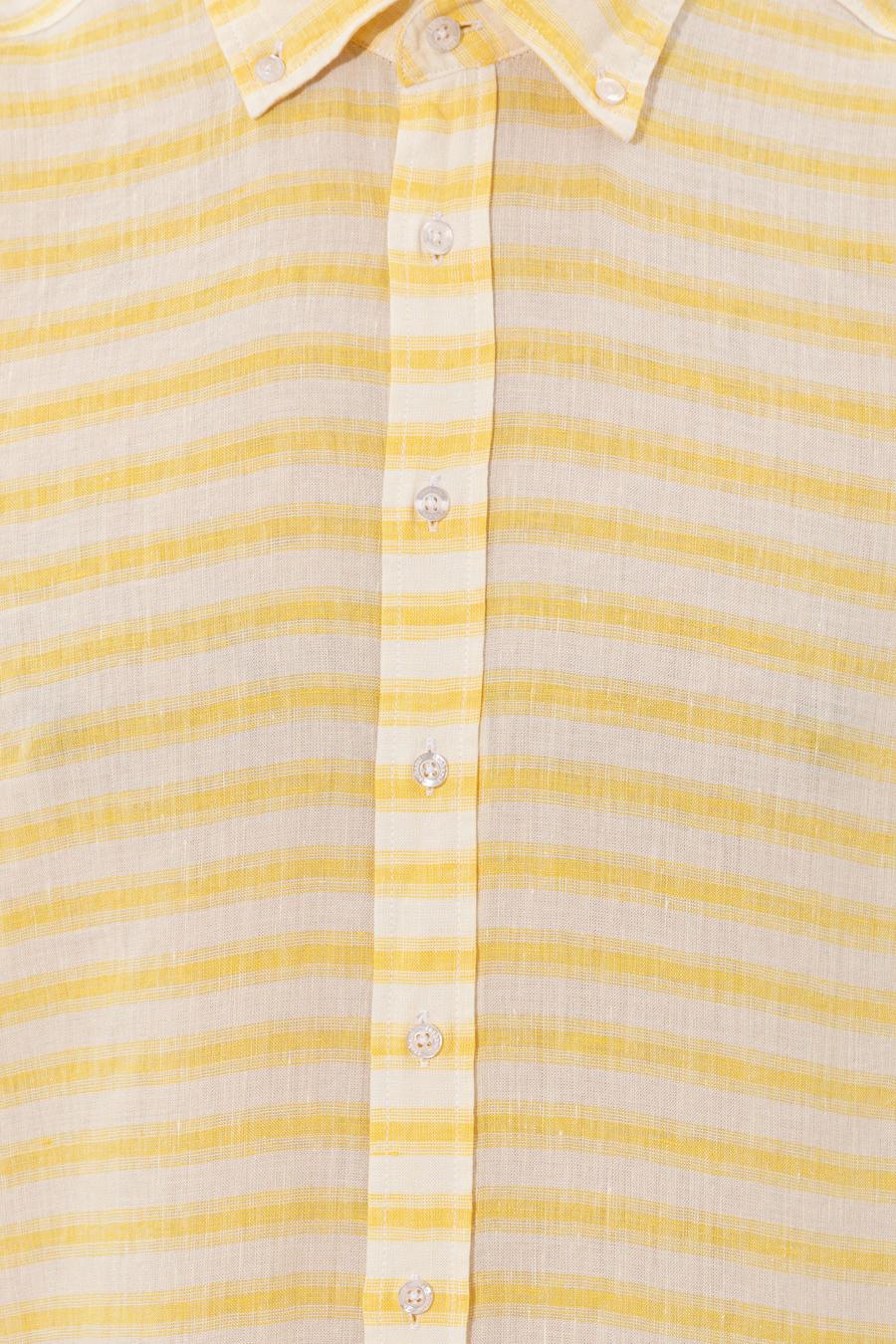 Sarı Keten Karışımlı Slim Fit Uzun Kollu Gömlek - 50247552065
