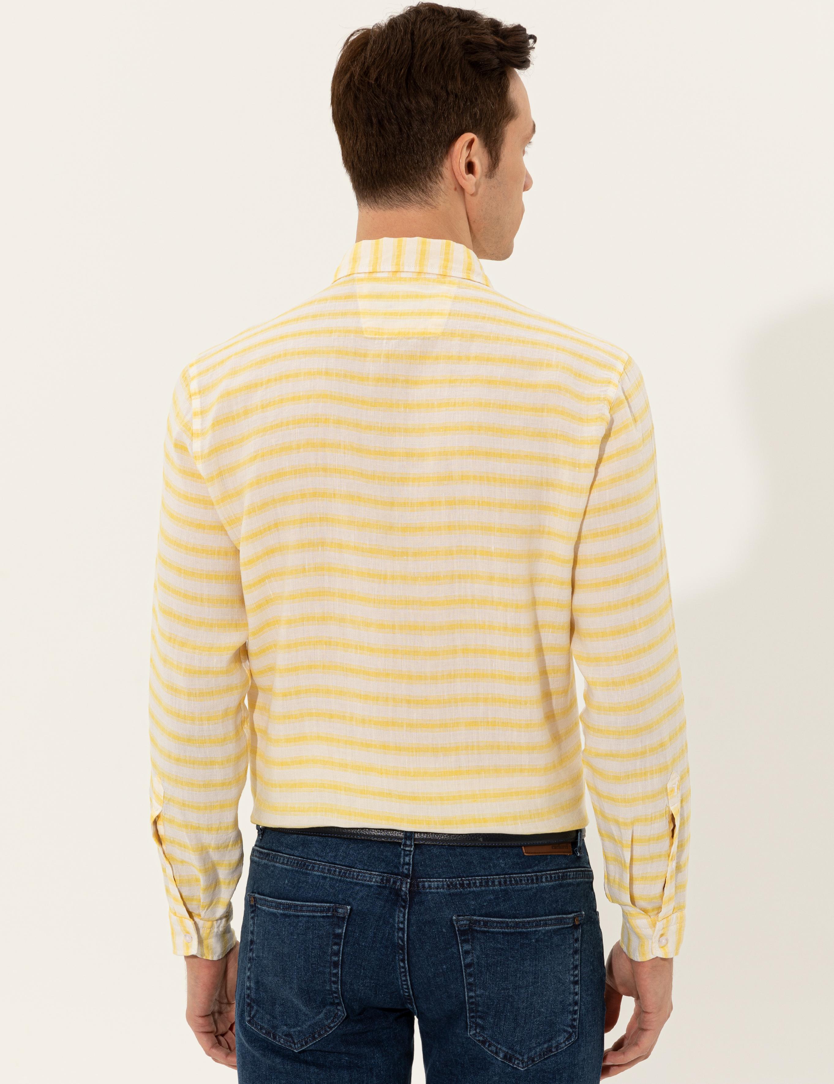 Sarı Keten Karışımlı Slim Fit Uzun Kollu Gömlek - 50247552065